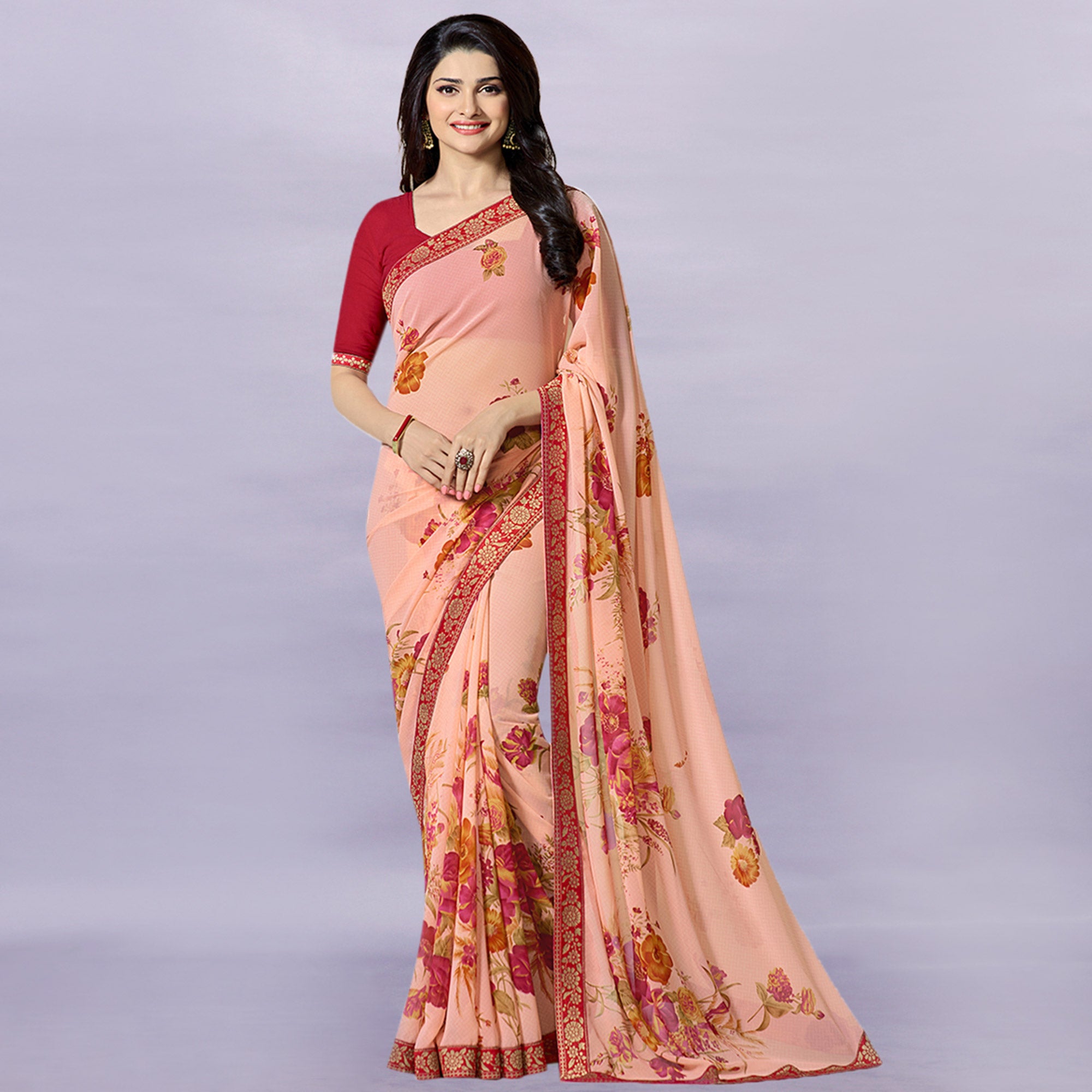 Peach Floral Printed Georgette Saree