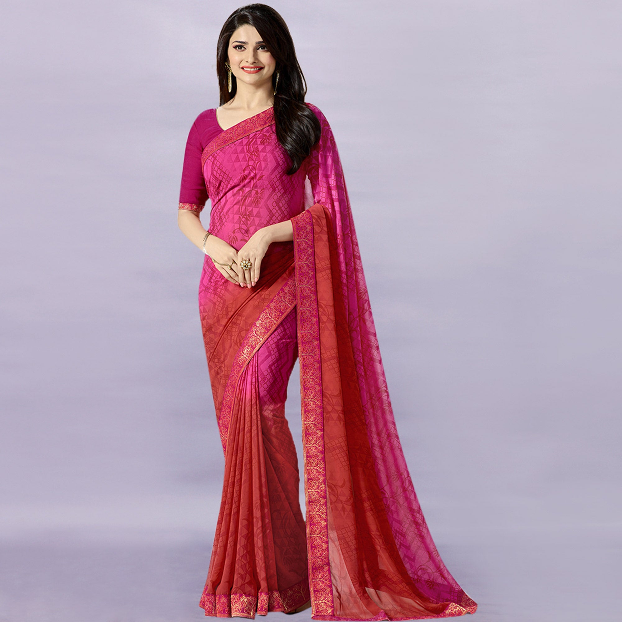 Pink & Red Printed Georgette Saree