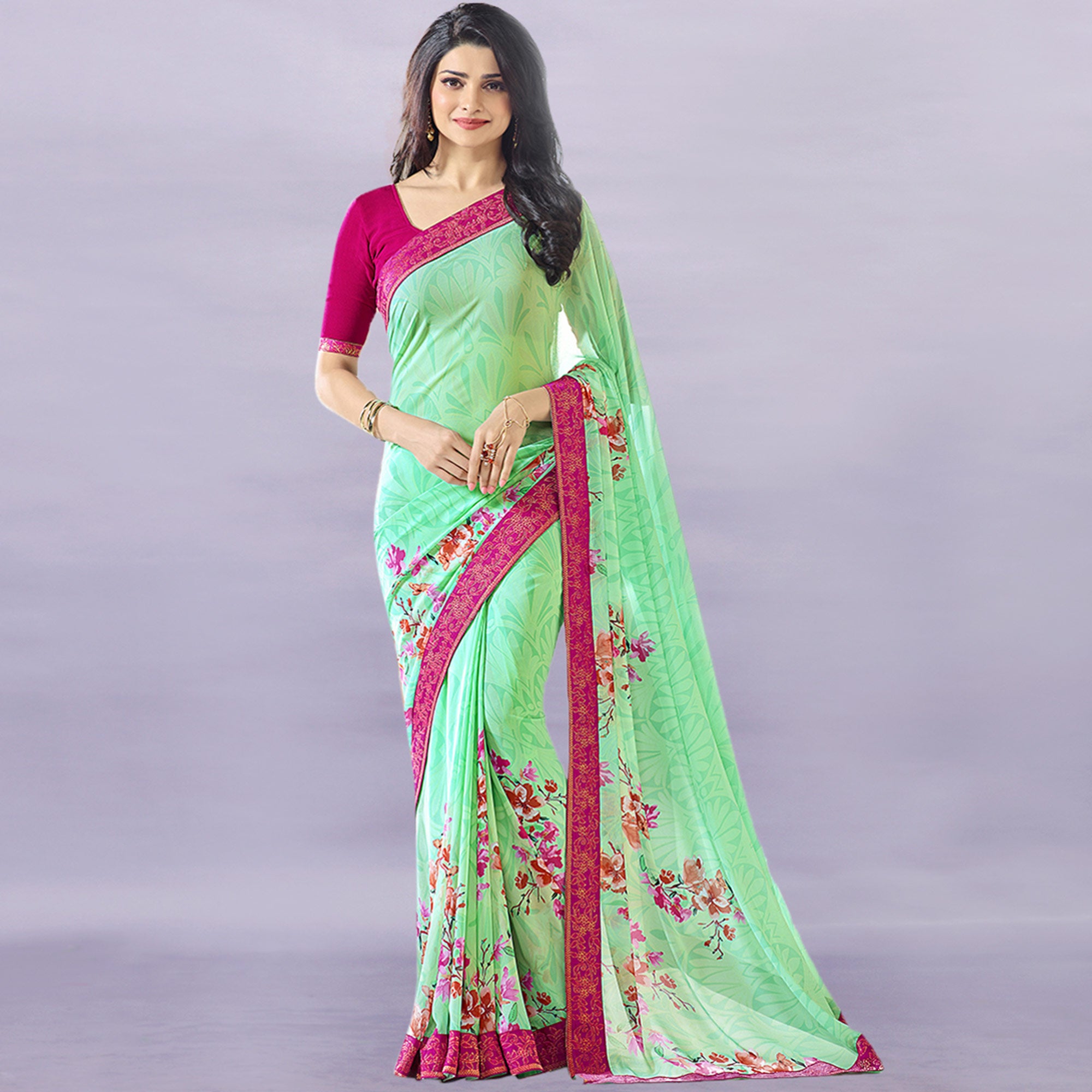 Sea Green Floral Printed Georgette Saree