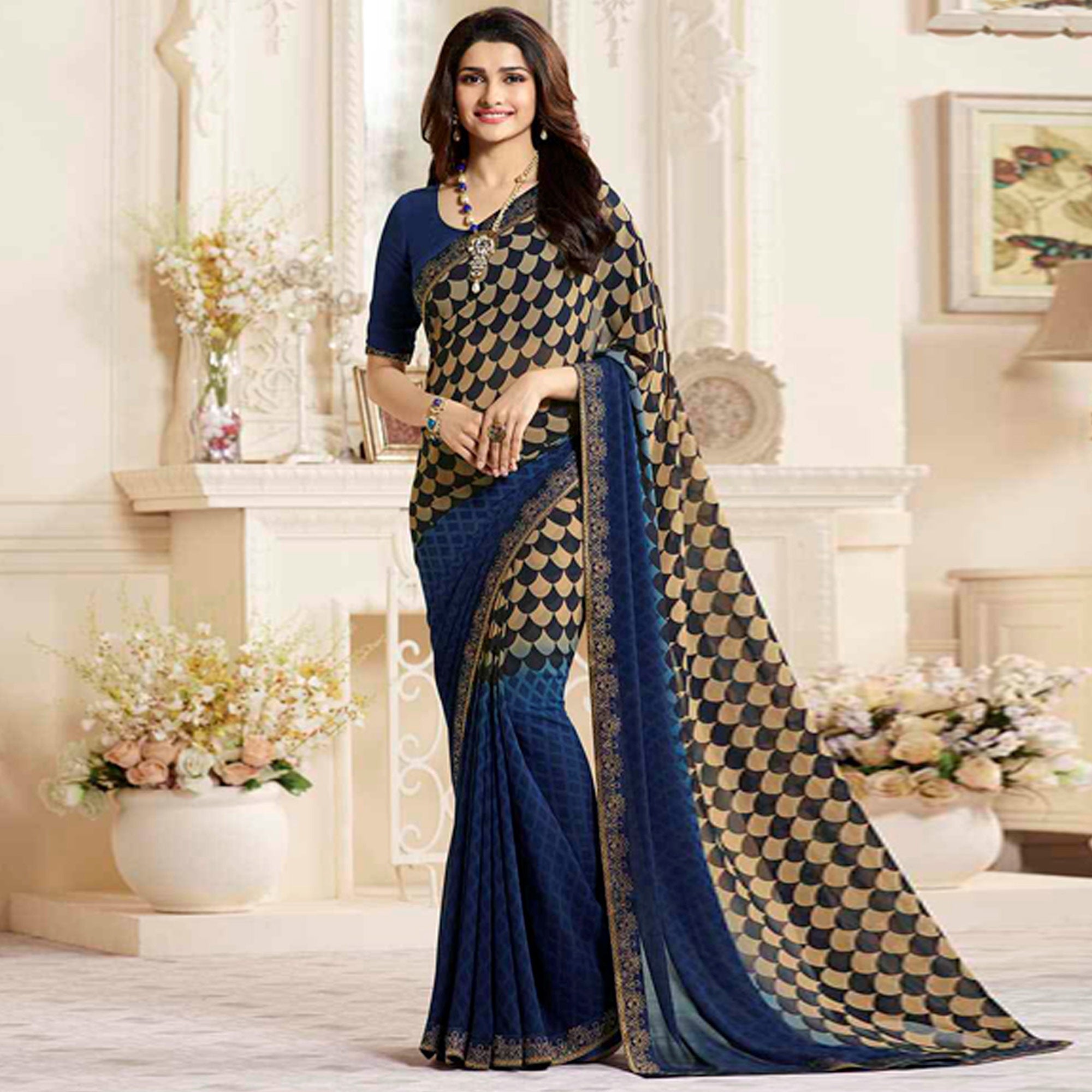 Blue Printed Georgette Saree With Lace Border