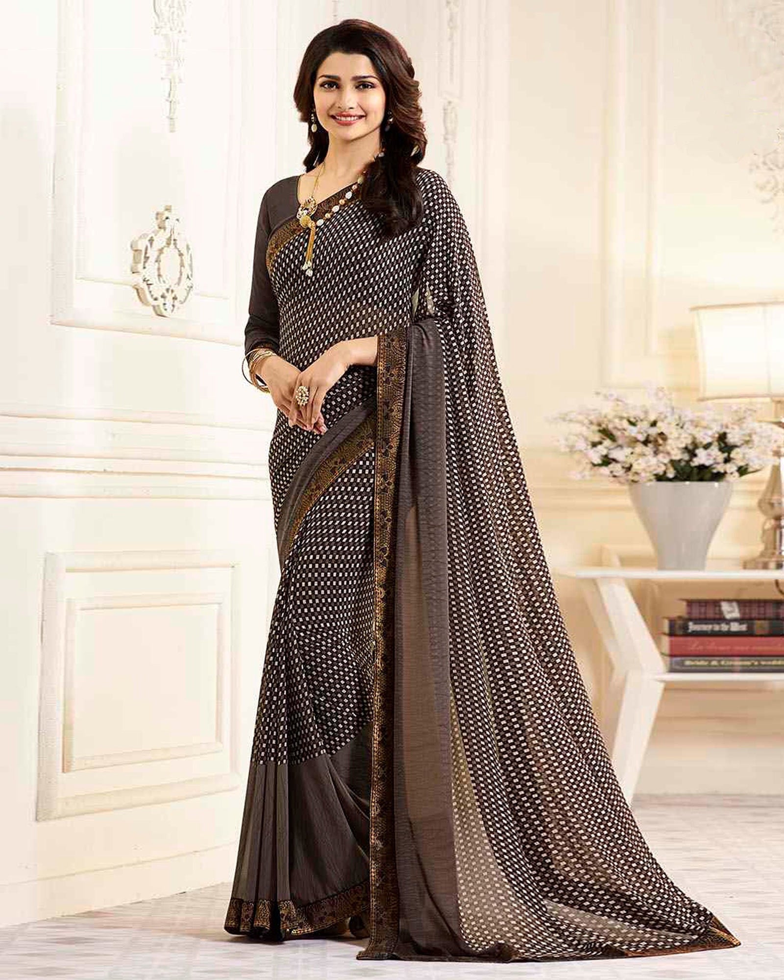 Brown Printed Georgette Saree With Lace Border