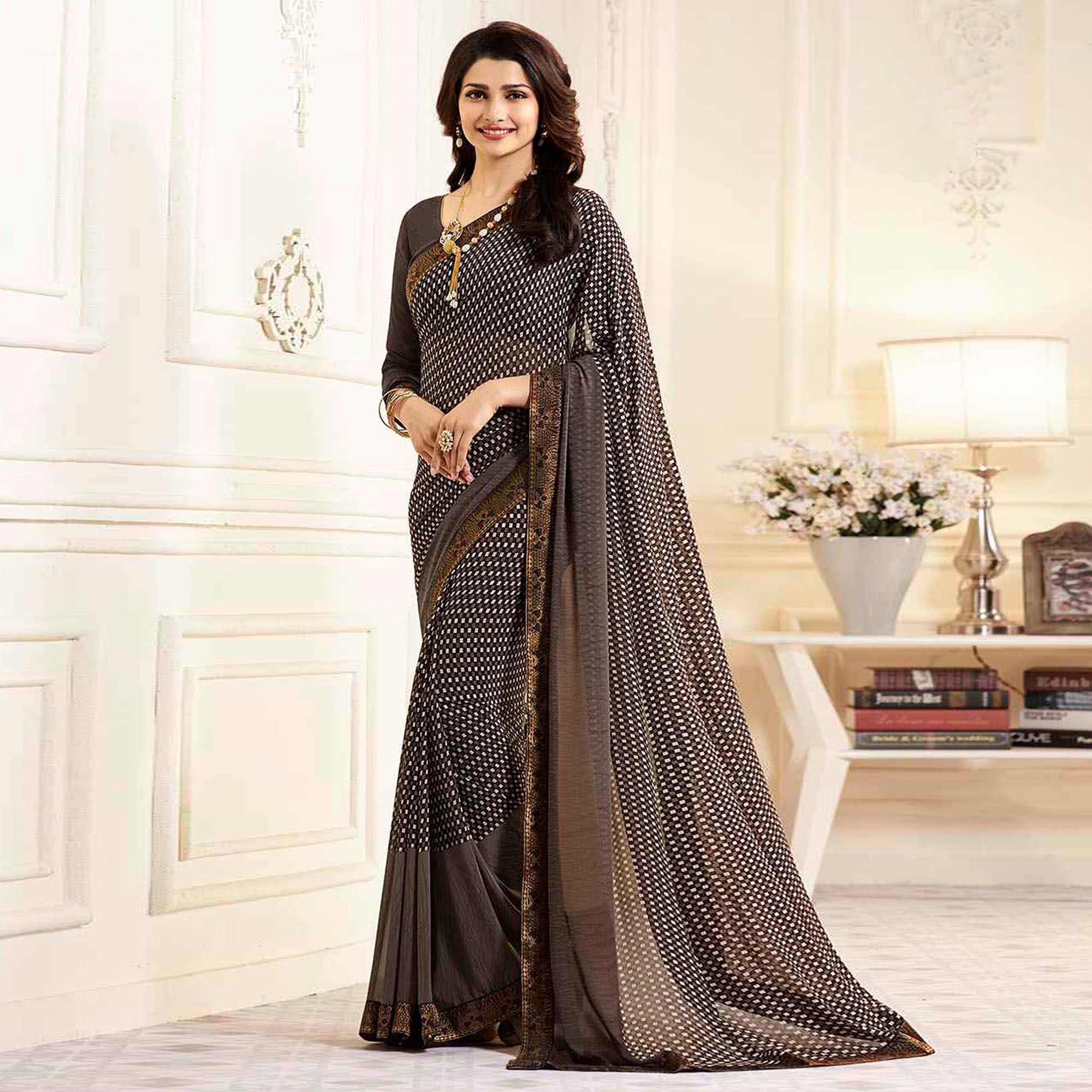 Brown Printed Georgette Saree With Lace Border