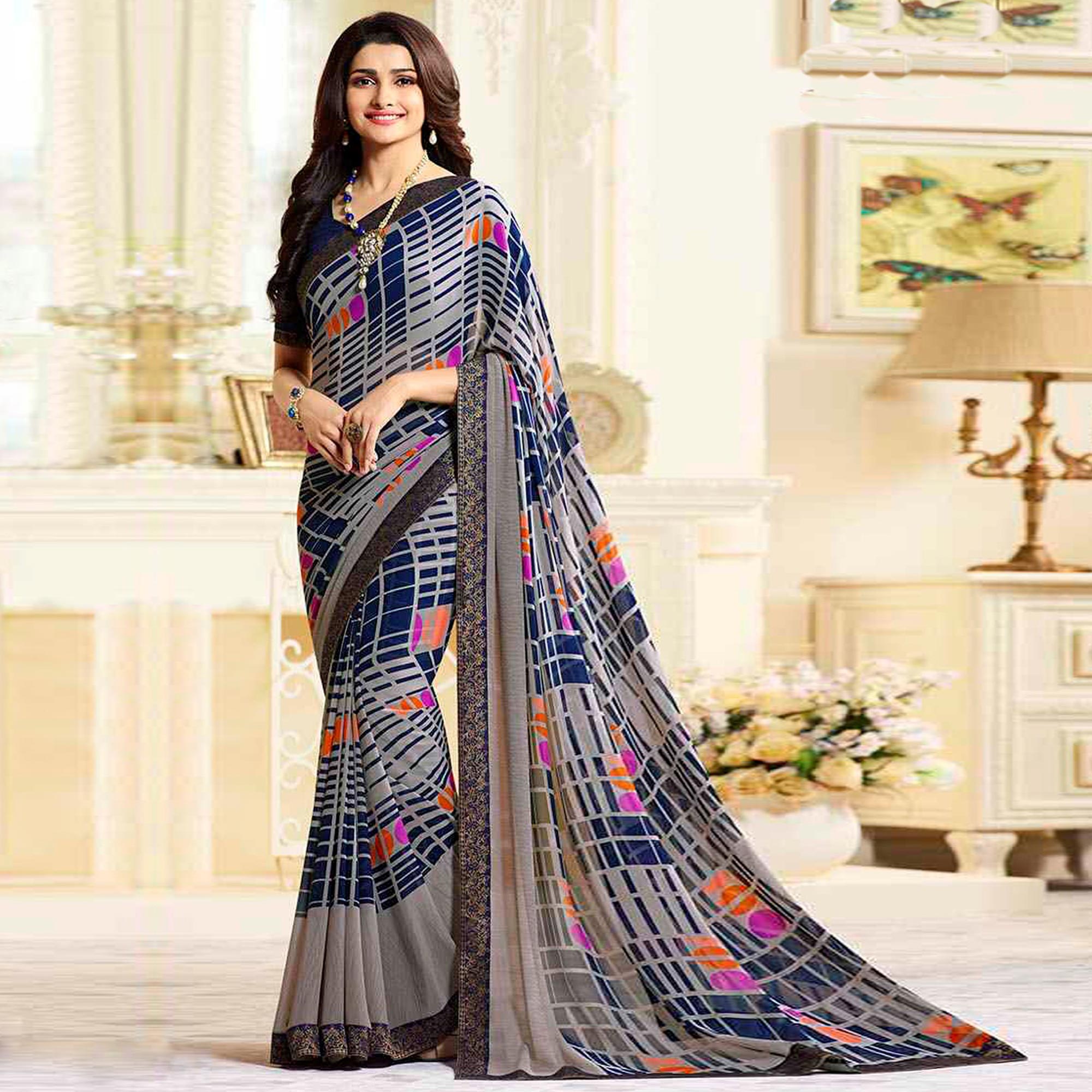 Grey & Blue Printed Georgette Saree With Lace Border