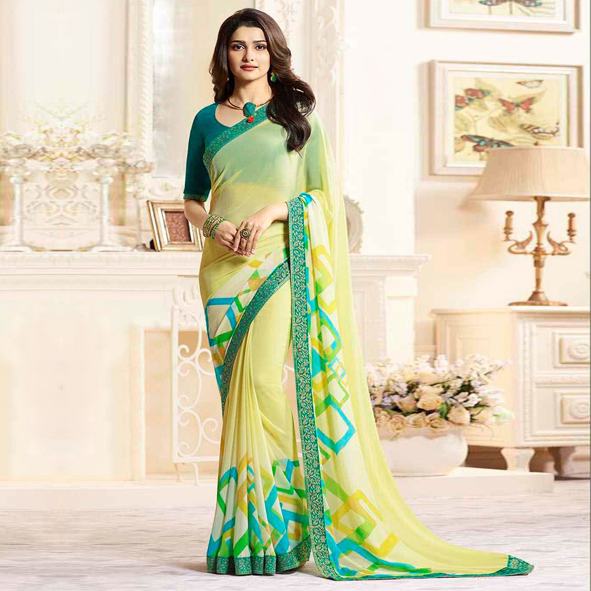 Lemon Yellow Printed Georgette Saree With Lace Border