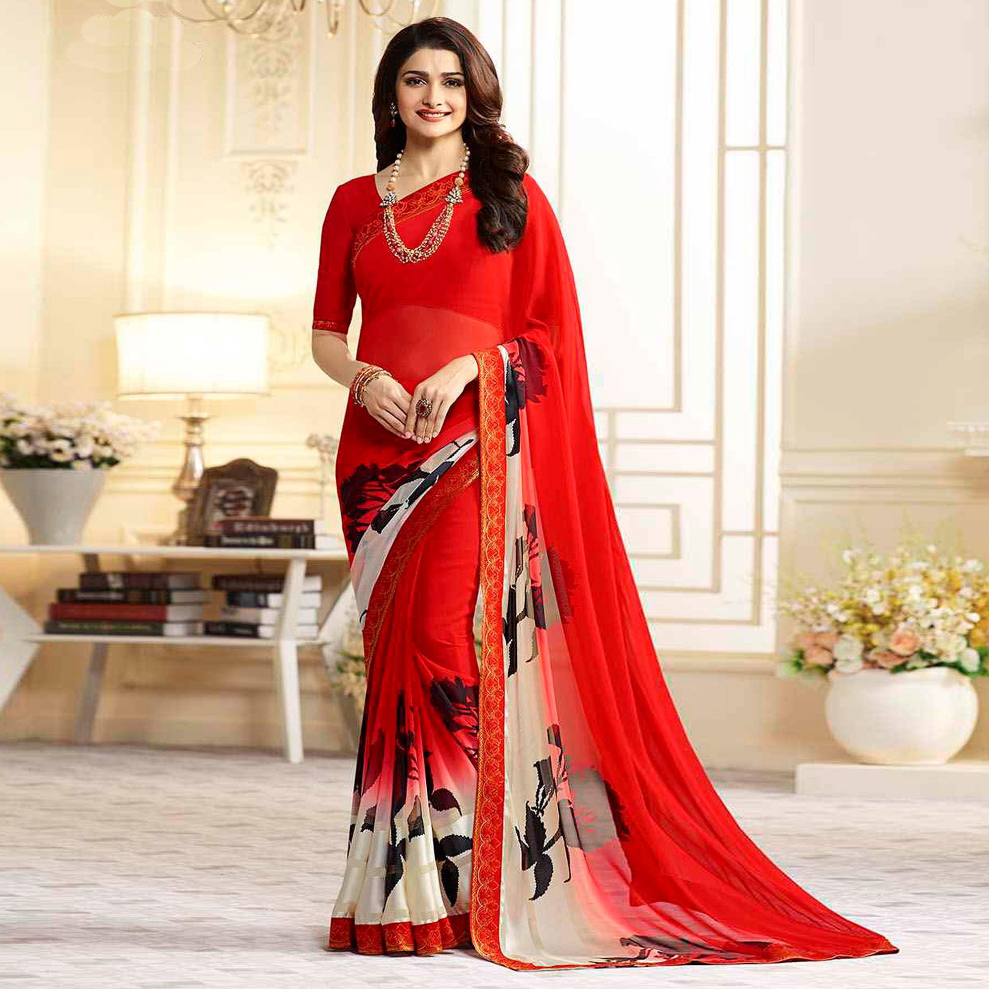 Red Printed Georgette Saree With Lace Border