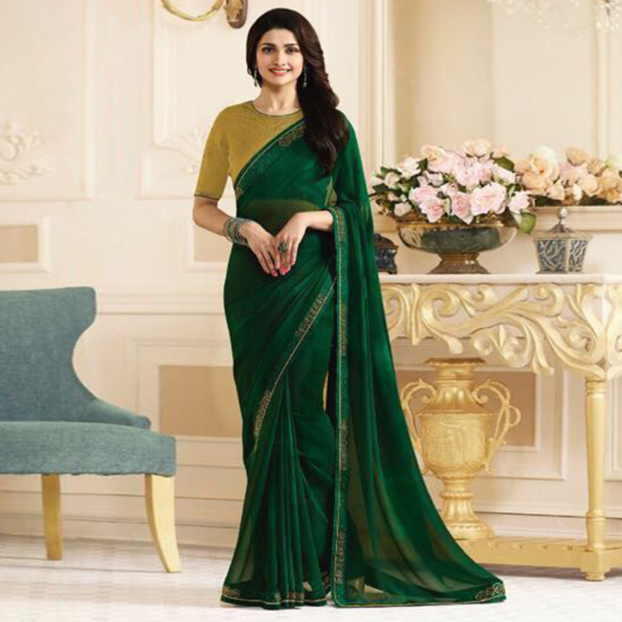 Green Swarovski Work Georgette Saree