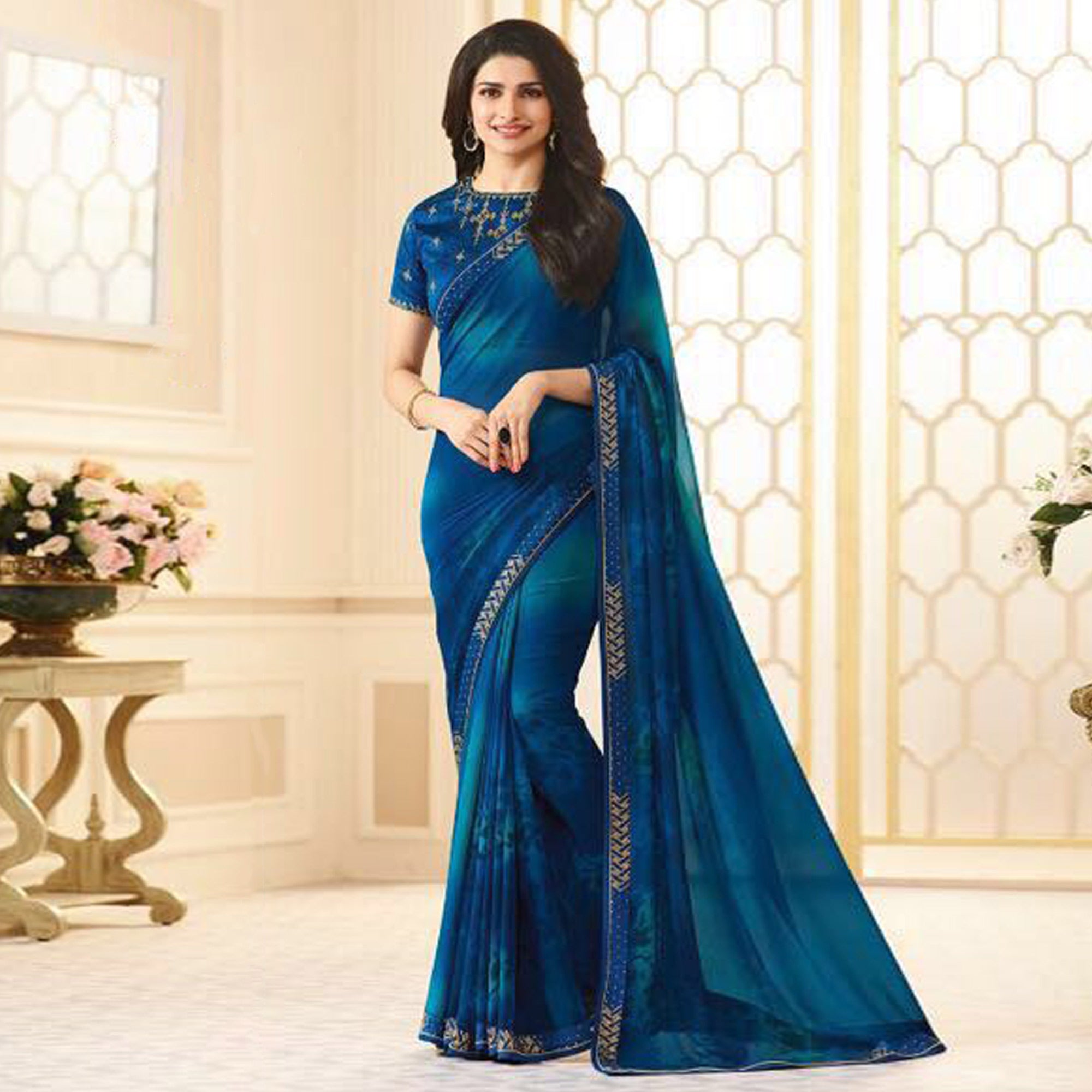 Royal Blue Swarovski Work Georgette Saree