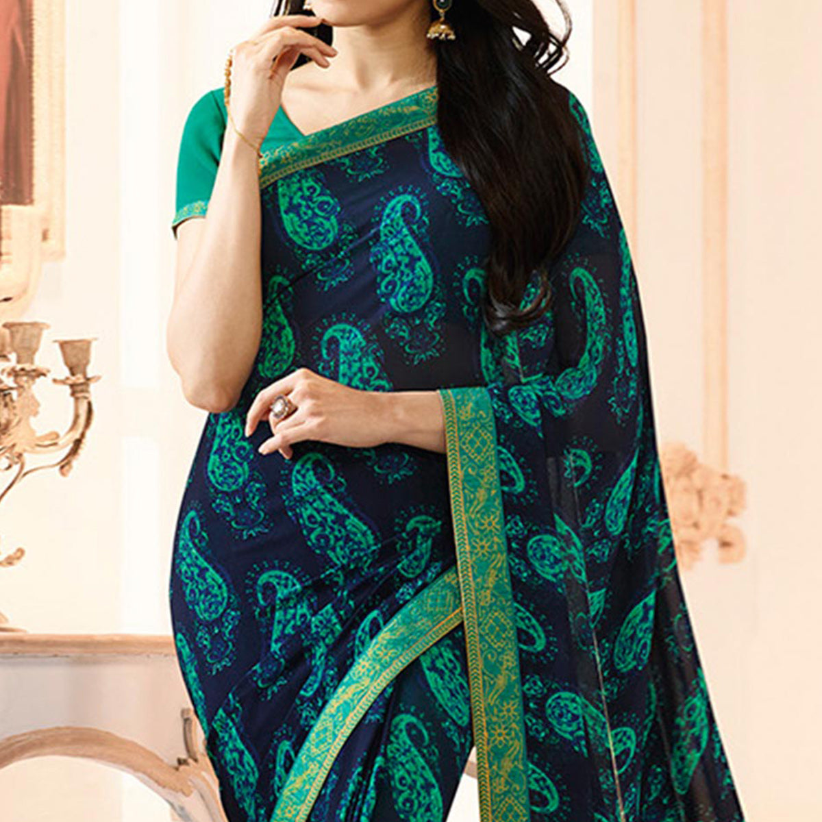 Blue Printed Georgette Saree With Lace Border