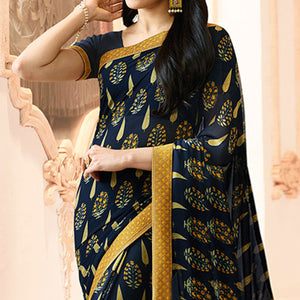 Blue Floral Printed Georgette Saree With Lace Border