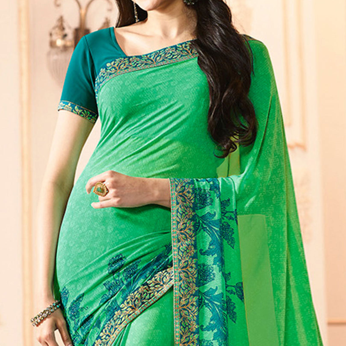 Green Floral Printed Georgette Saree With Lace Border