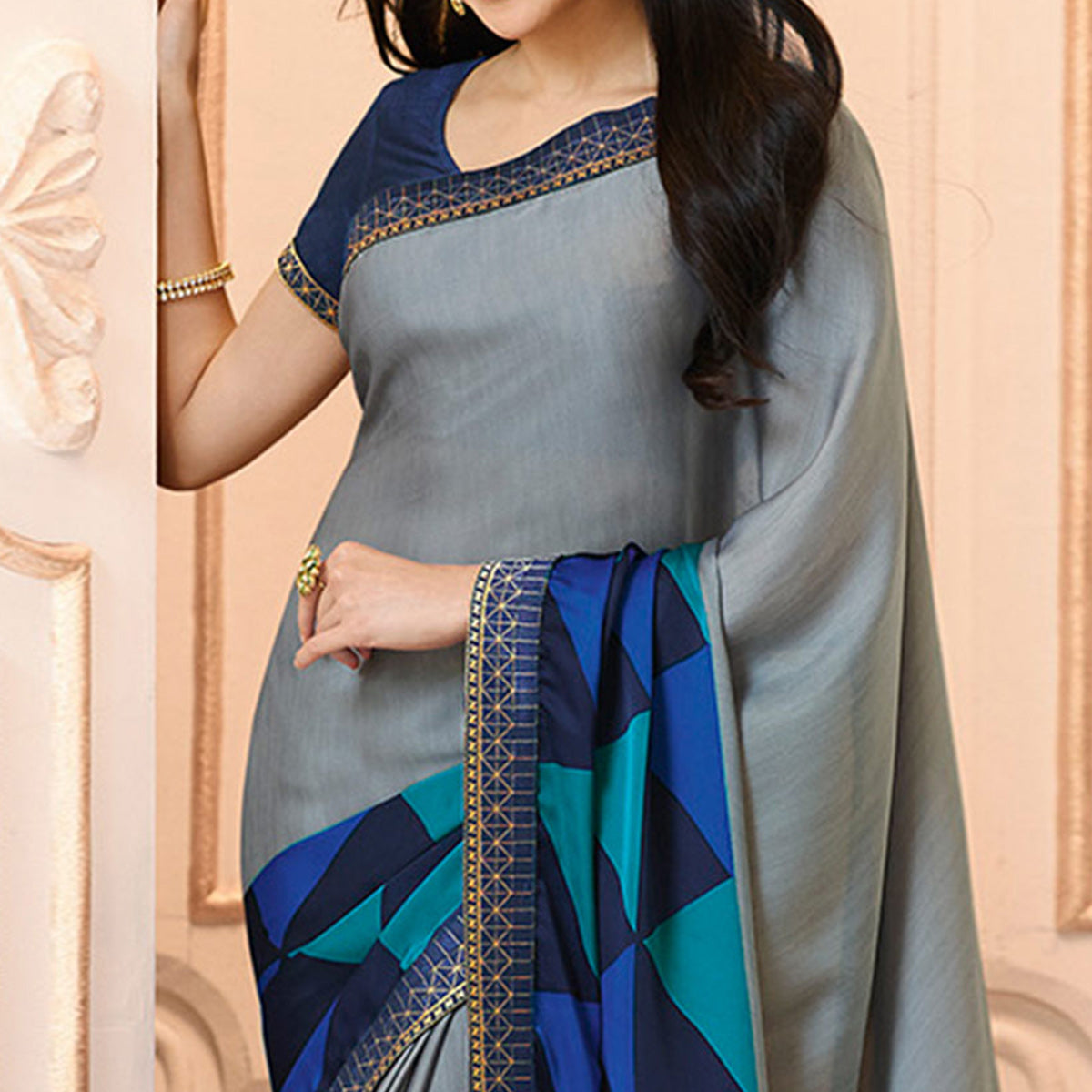 Grey Printed Art Silk Saree With Lace Border