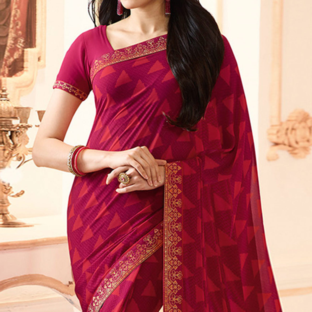 Pink Printed Georgette Saree With Lace Border