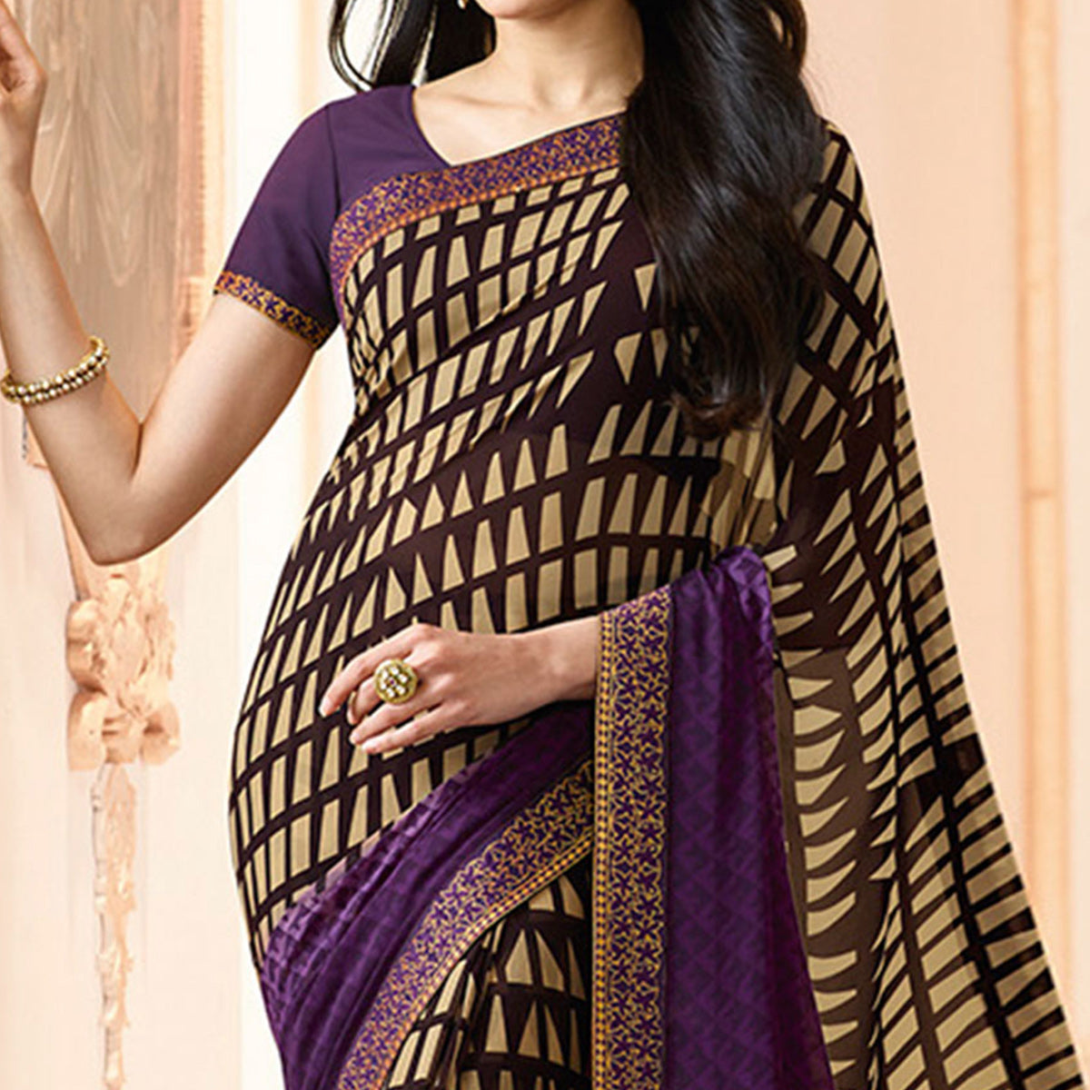 Purple Printed Georgette Saree With Lace Border