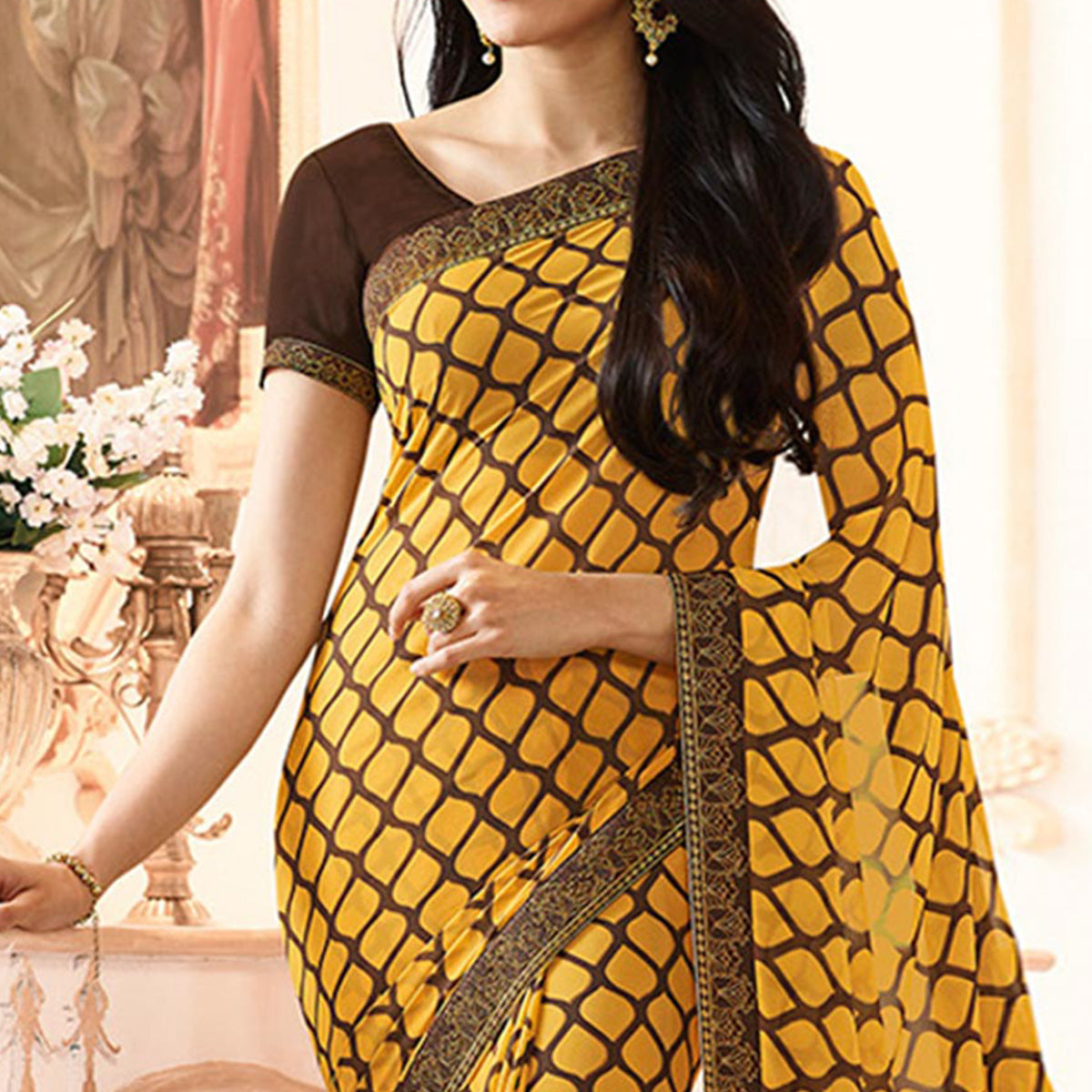 Yellow Printed Georgette Saree With Lace Border
