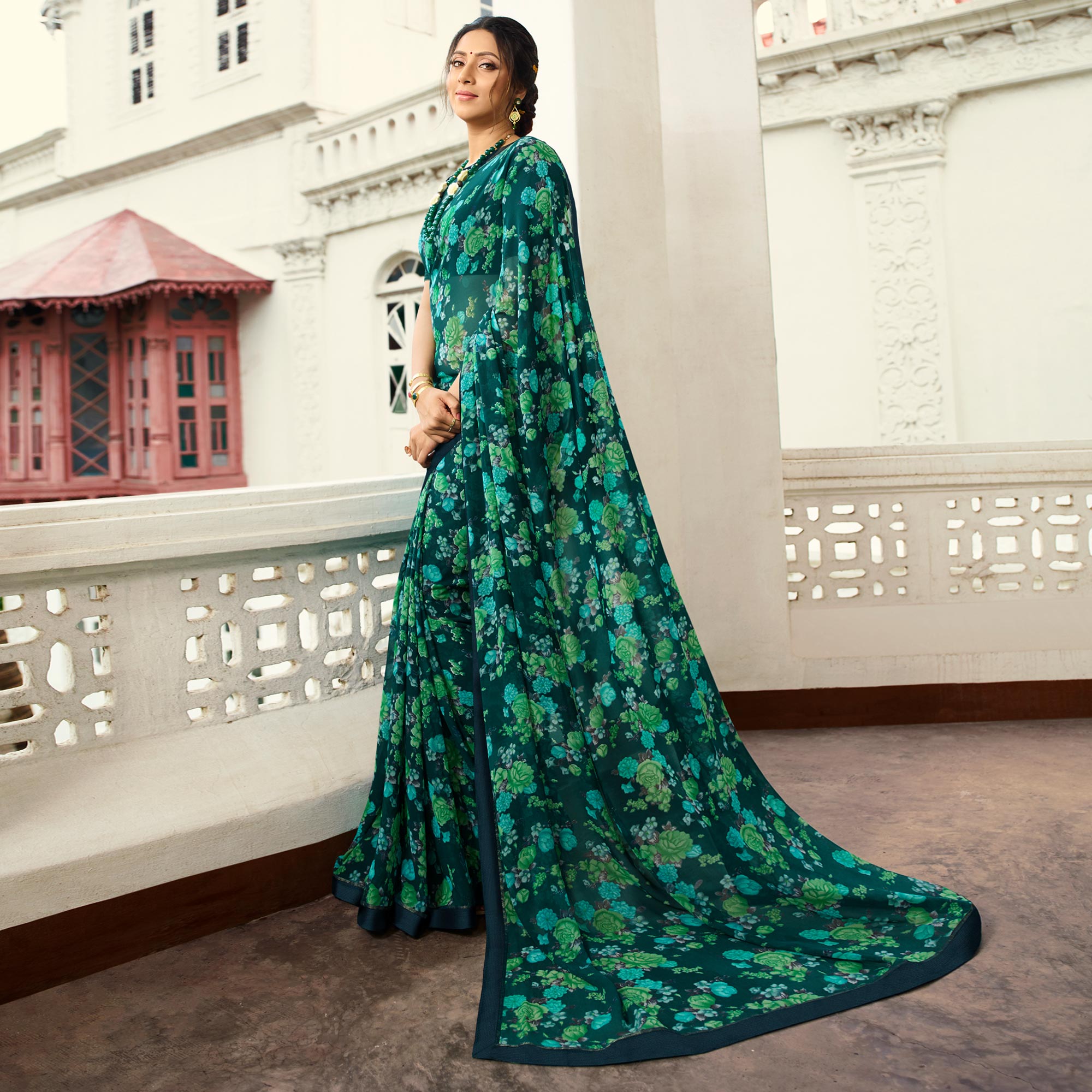 Green Floral Printed Georgette Saree