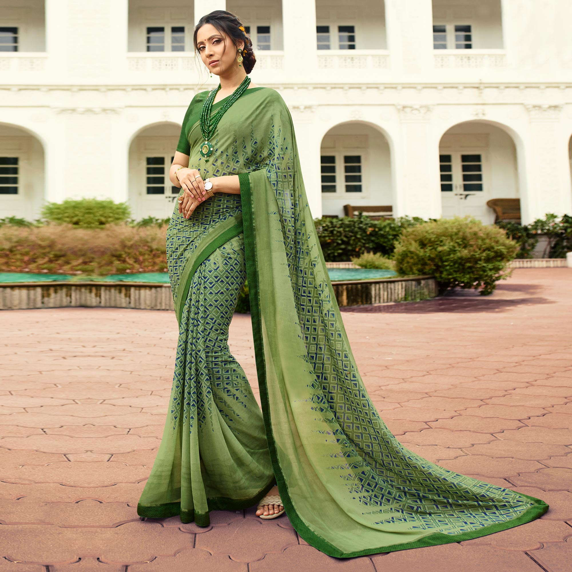 Green Printed Georgette Saree