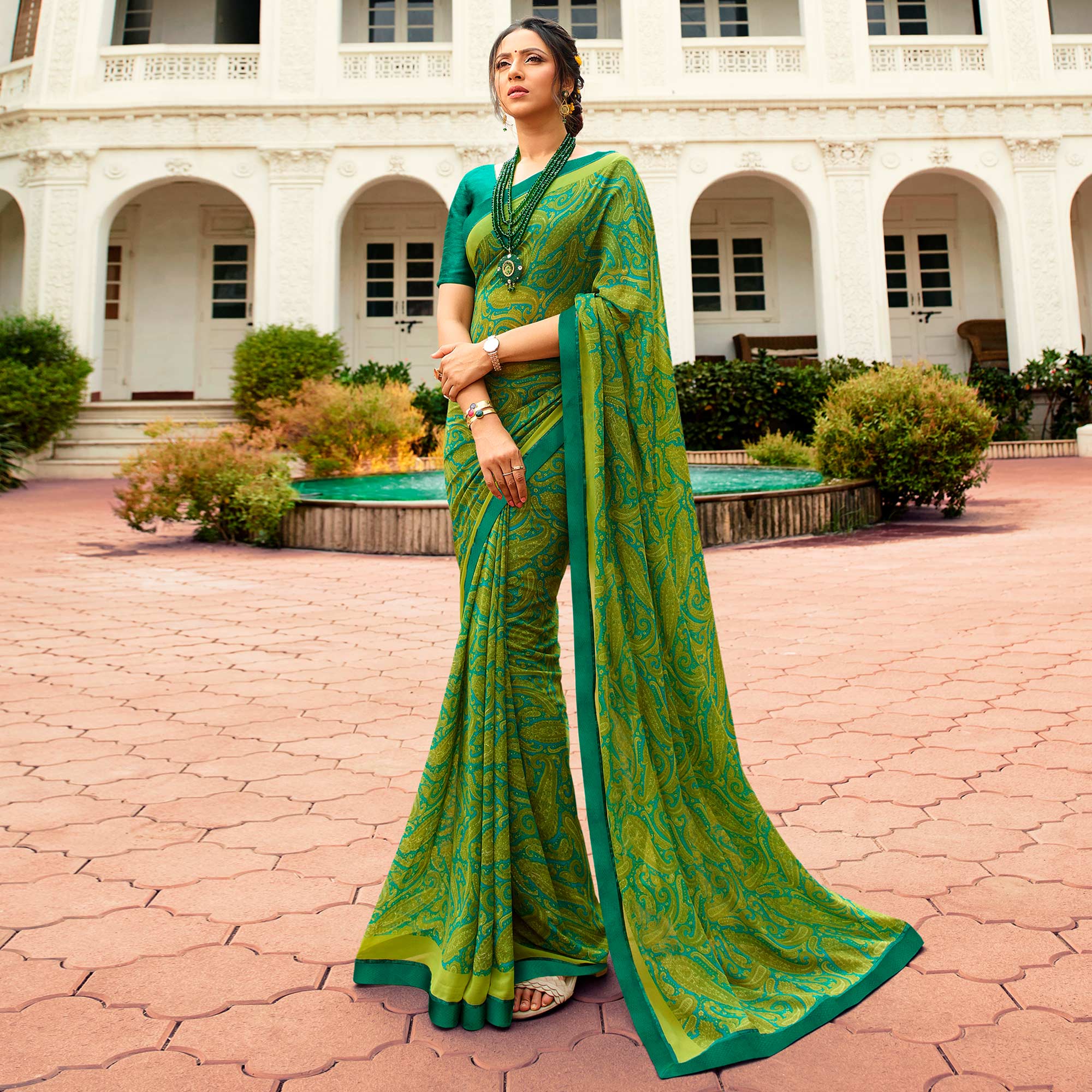 Green Printed Georgette Saree