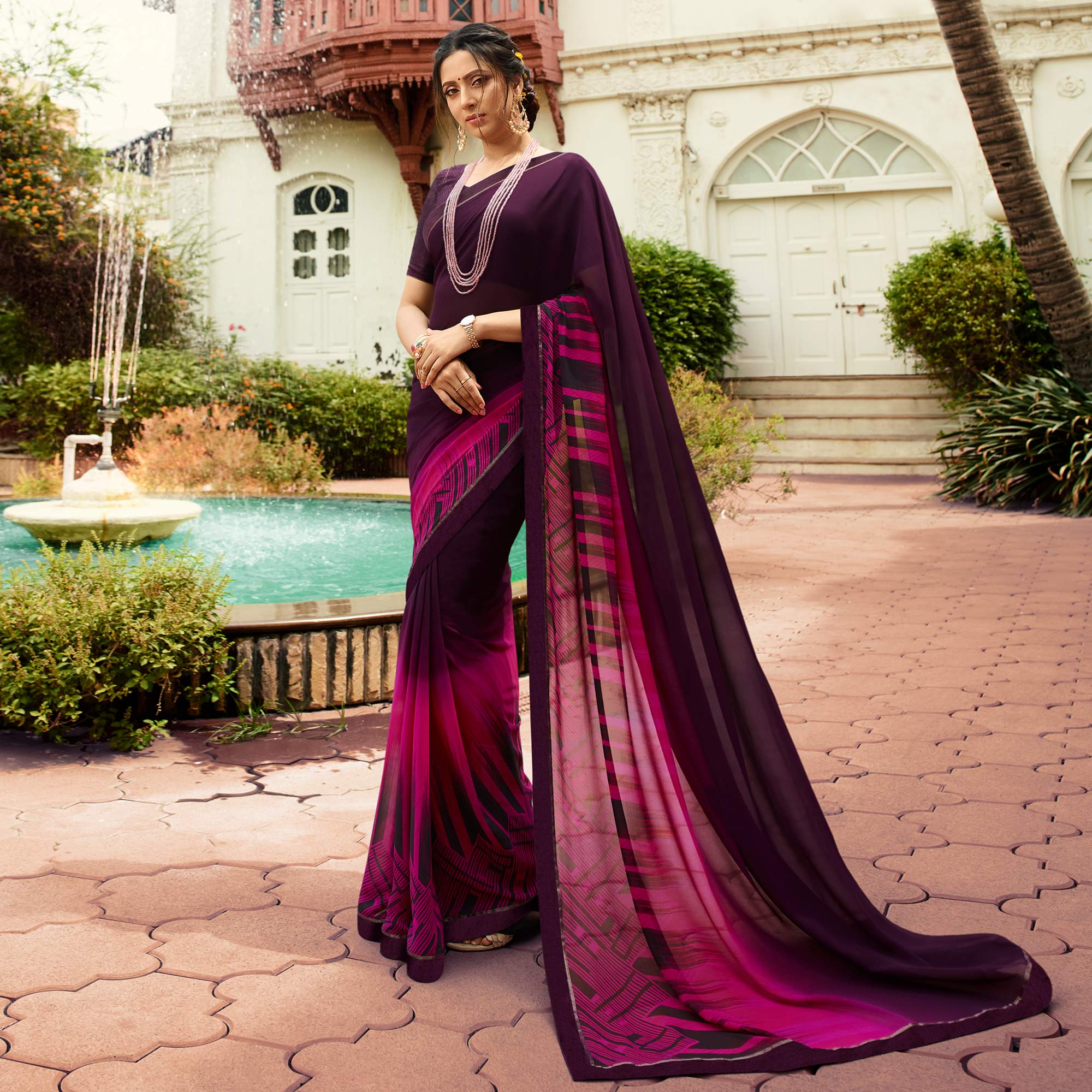 Purple Printed Georgette Saree