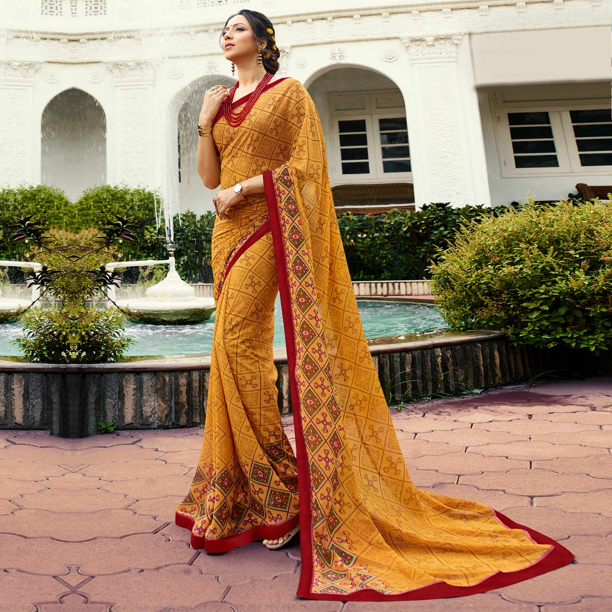 Yellow Printed Georgette Saree