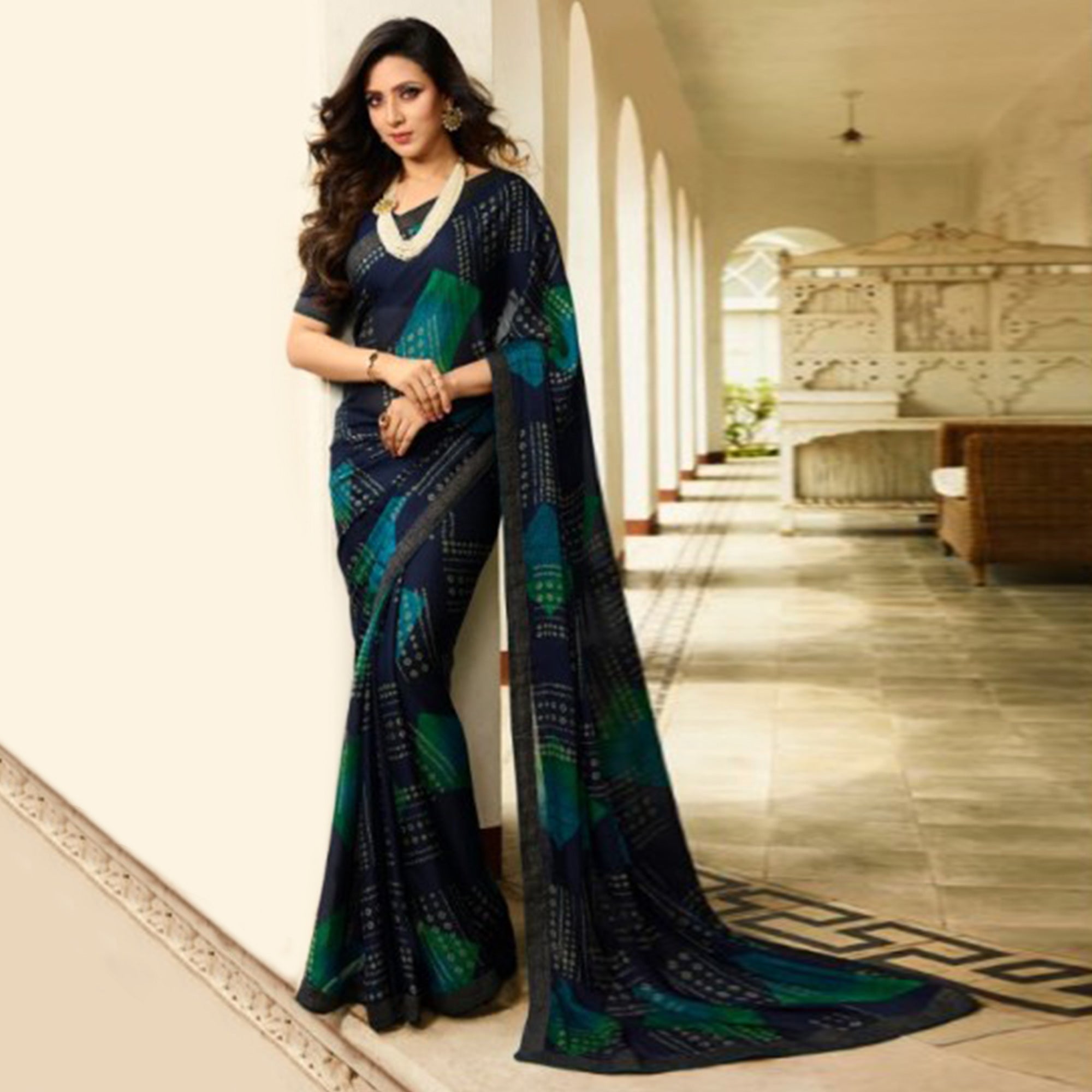 Blue Bandhani Printed Art Silk Saree With Lace Border