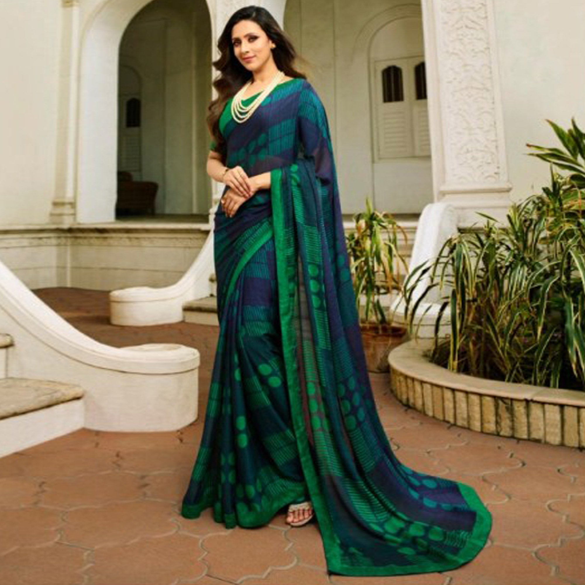 Blue & Green Printed Art Silk Saree With Lace Border