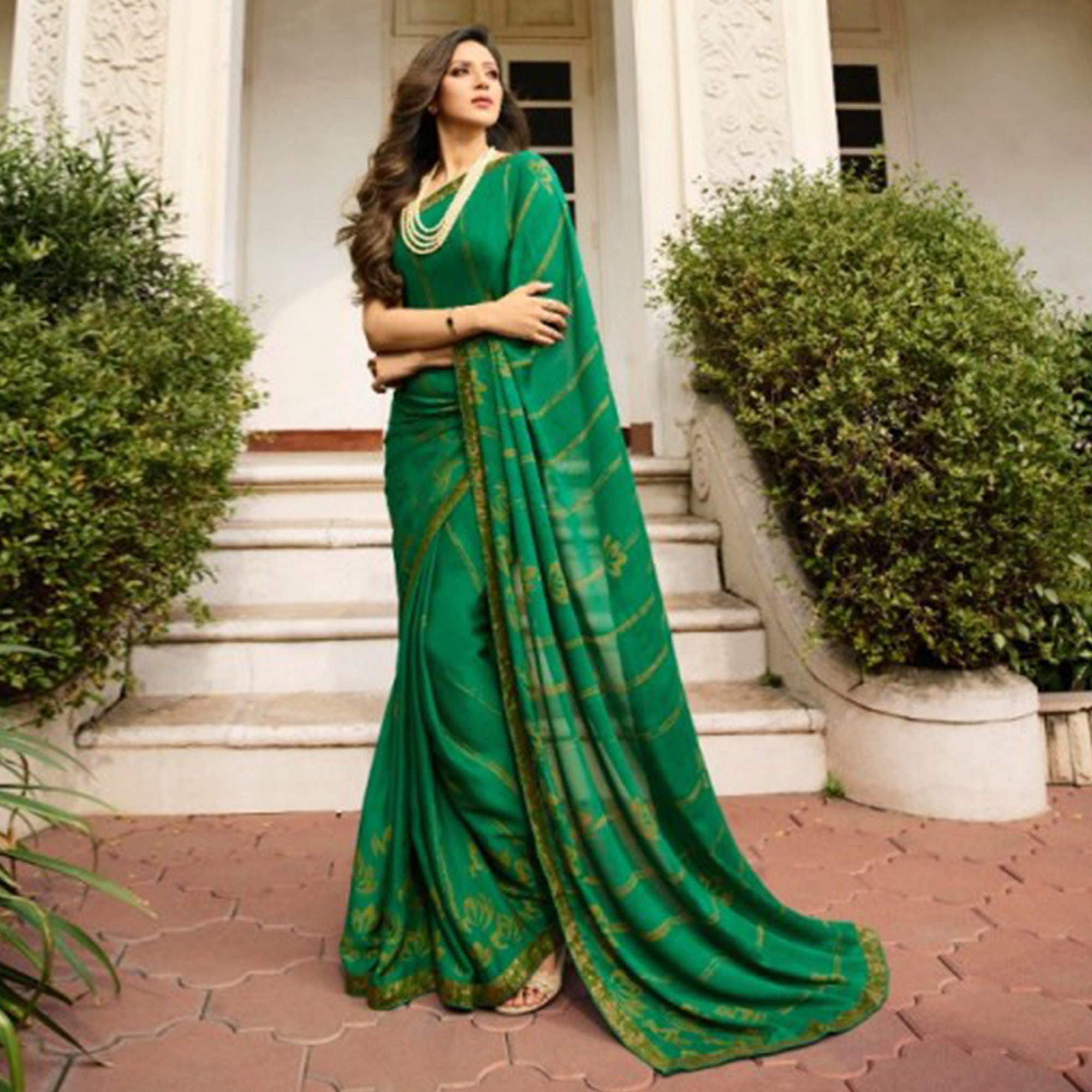 Green Printed Art Silk Saree With Lace Border