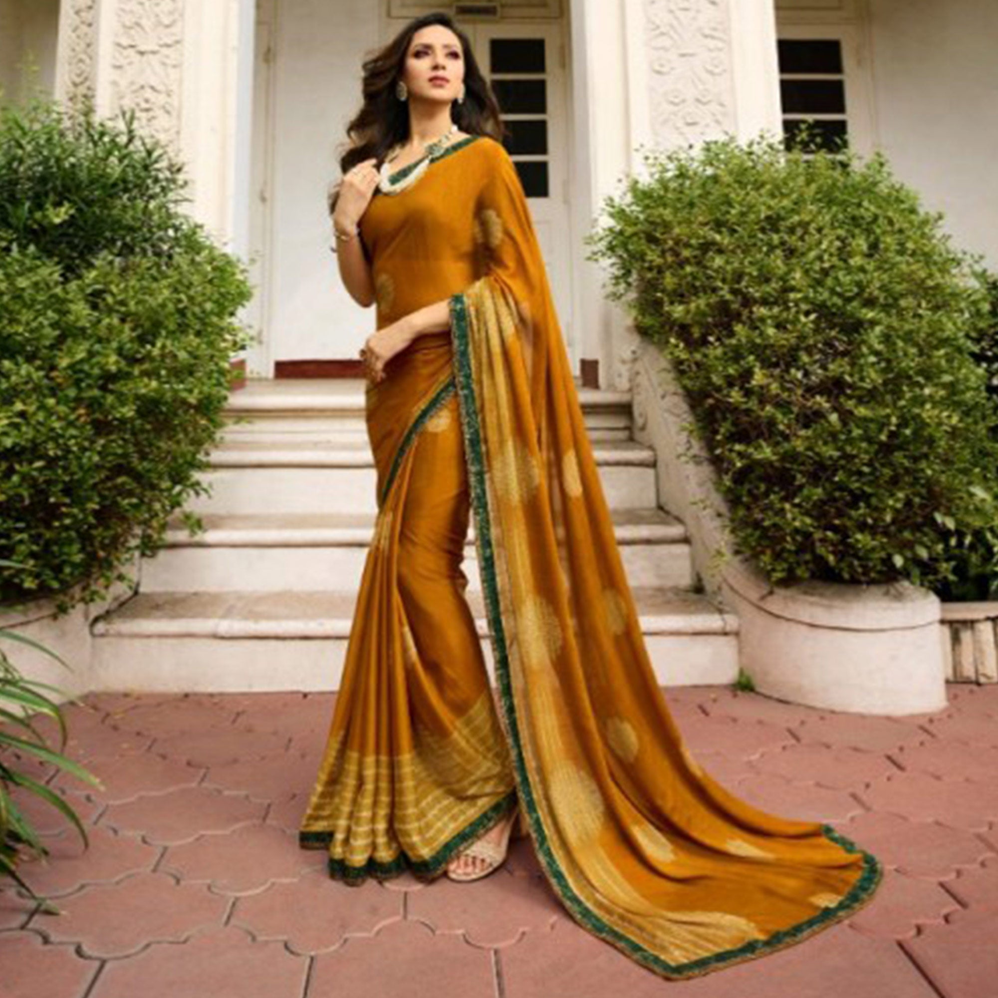 Mustard Printed Art Silk Saree With Lace Border