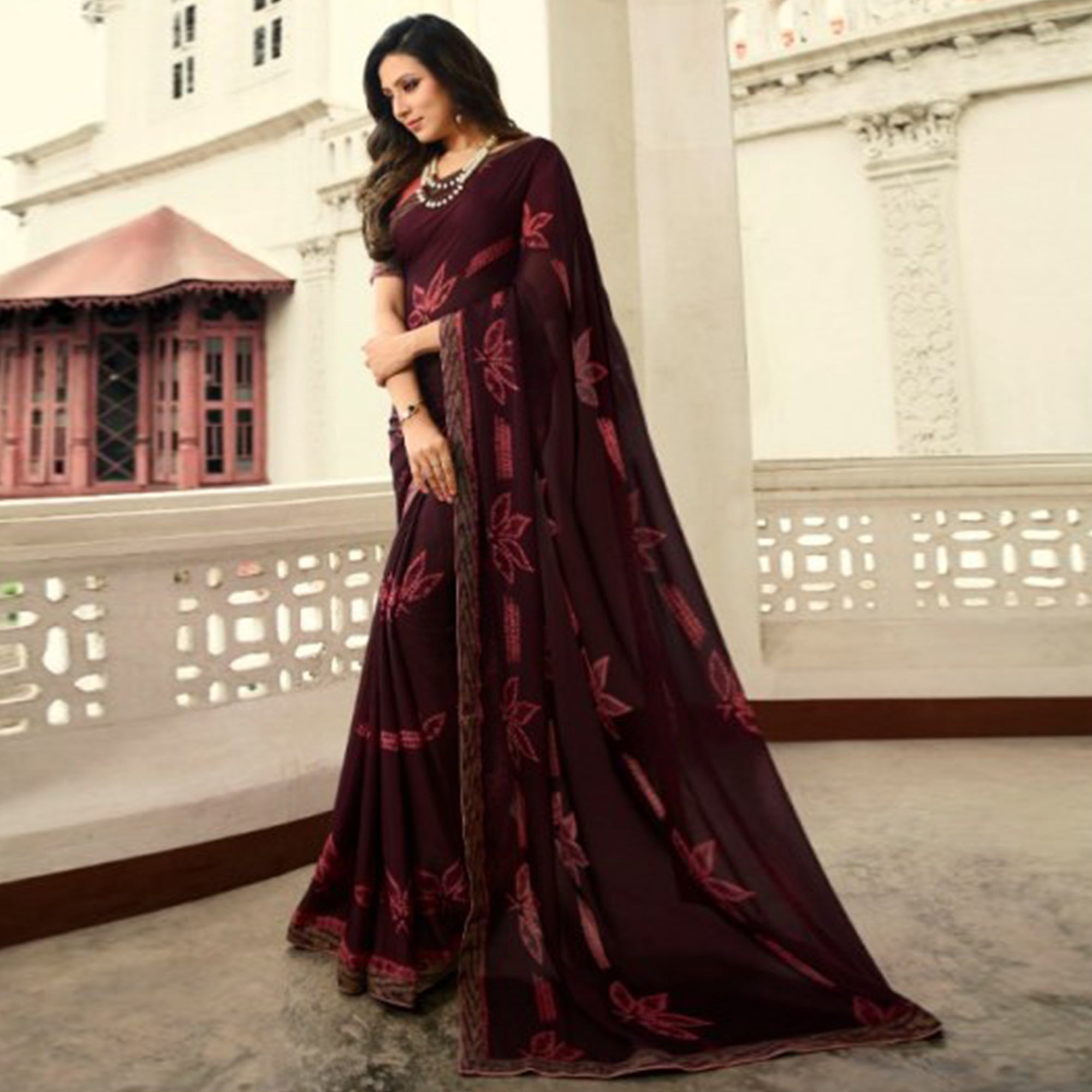 Wine Printed Art Silk Saree With Lace Border