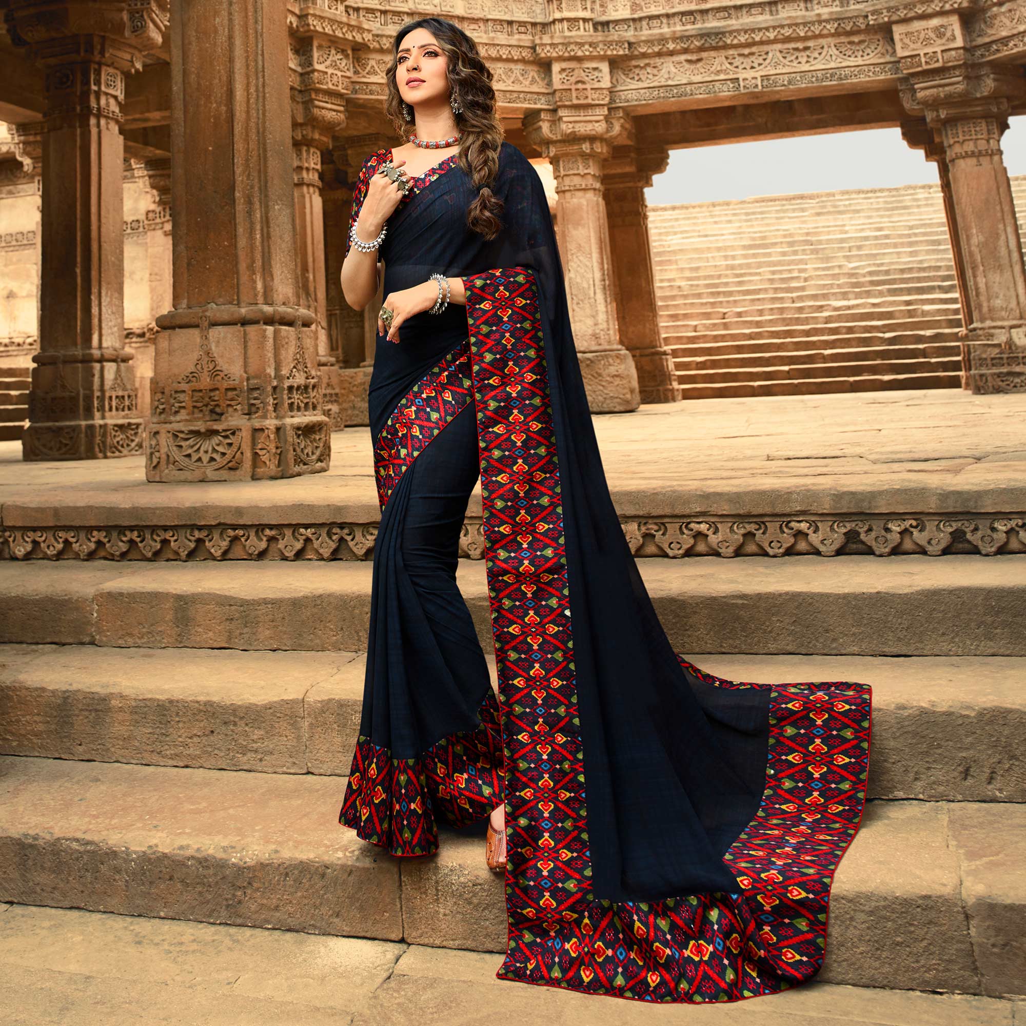 Blue Printed Georgette Saree With Lace Border