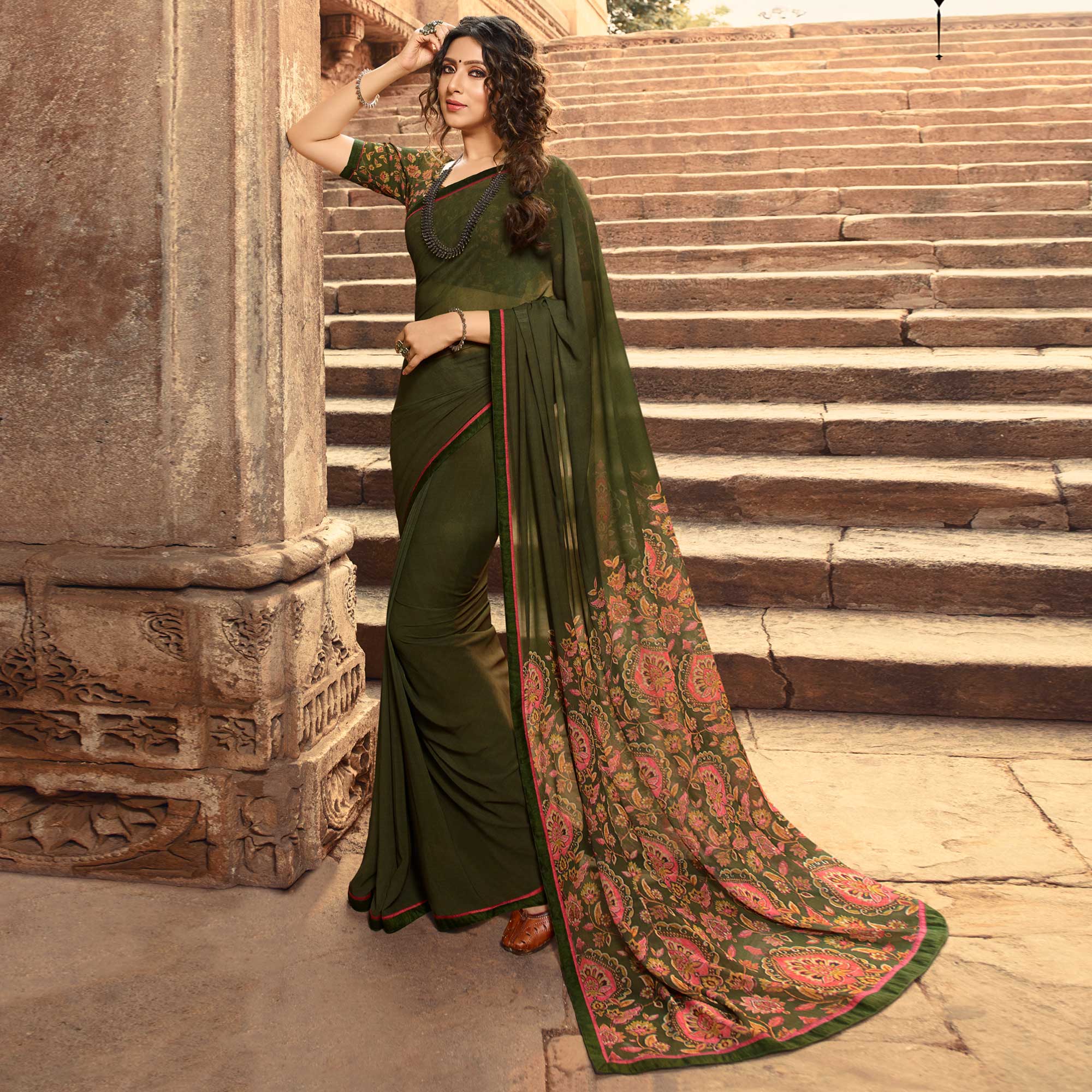 Green Printed Georgette Saree With Lace Border