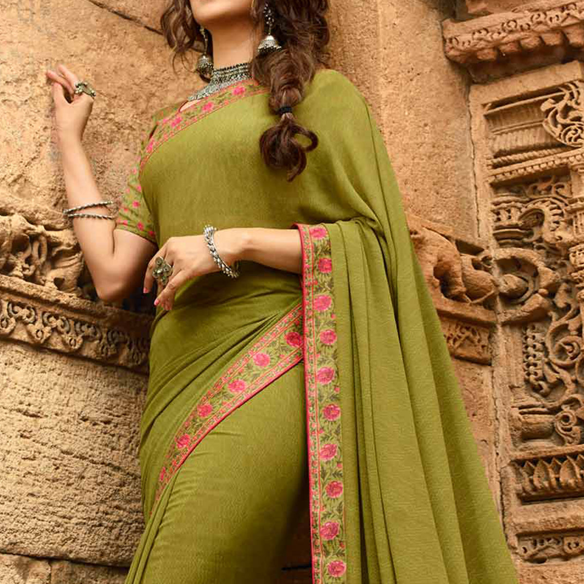 Olive Green Printed Georgette Saree With Lace Border