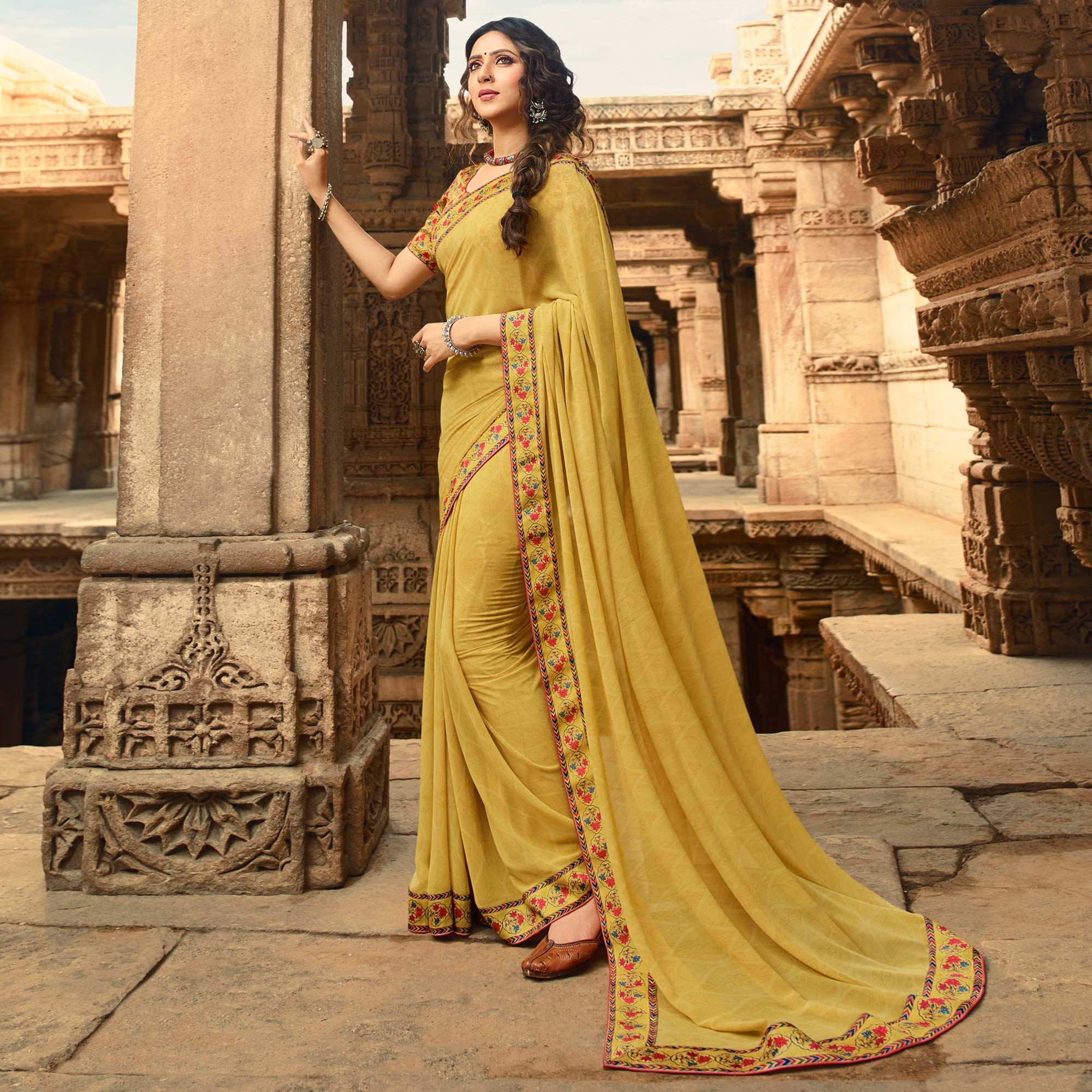 Yellow Printed Georgette Saree With Lace Border