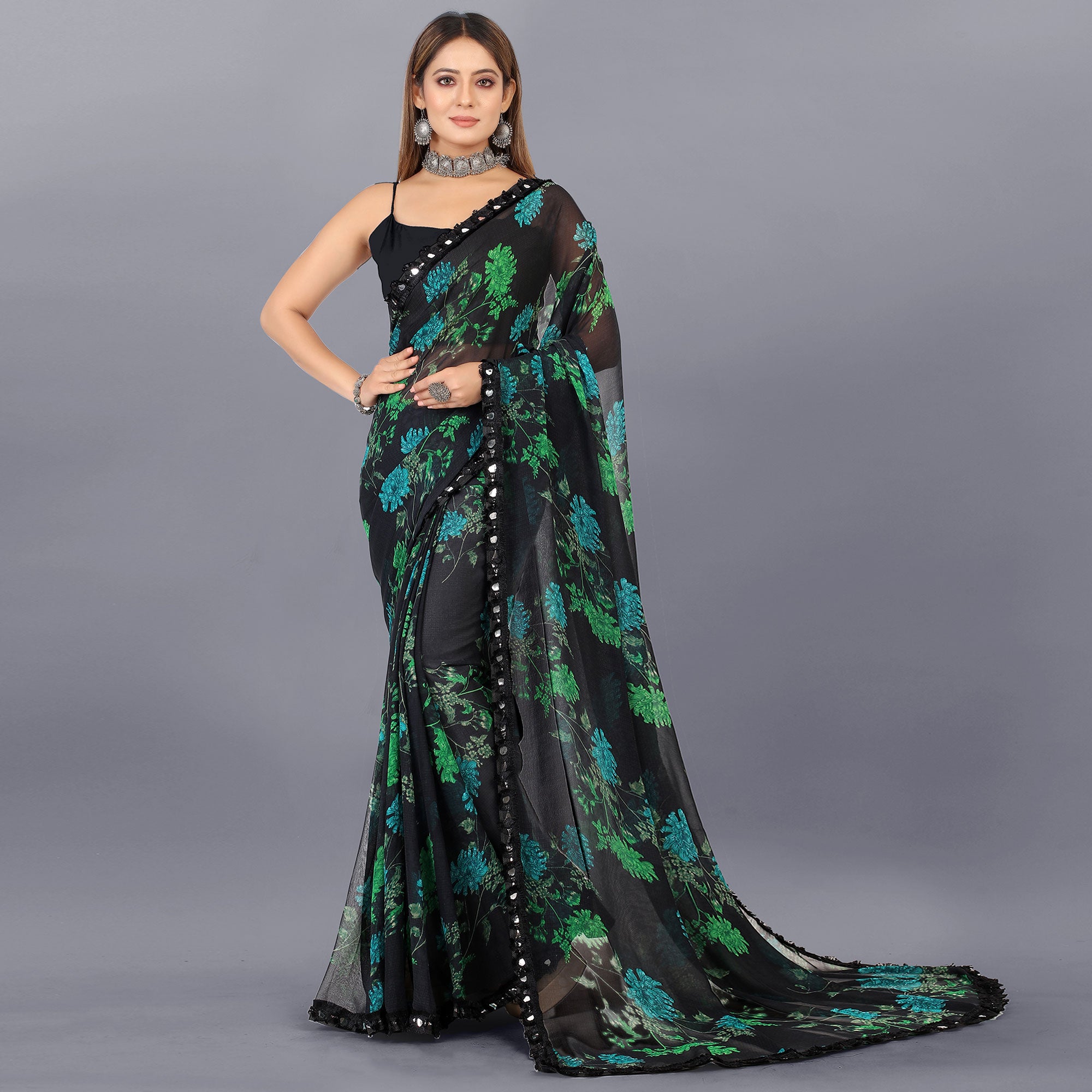 Black Floral Printed Georgette Saree With Lace Border