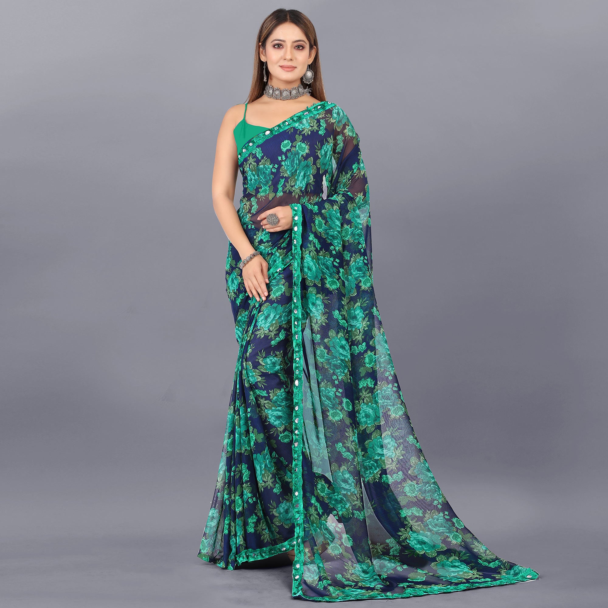 Blue Floral Printed Georgette Saree With Lace Border