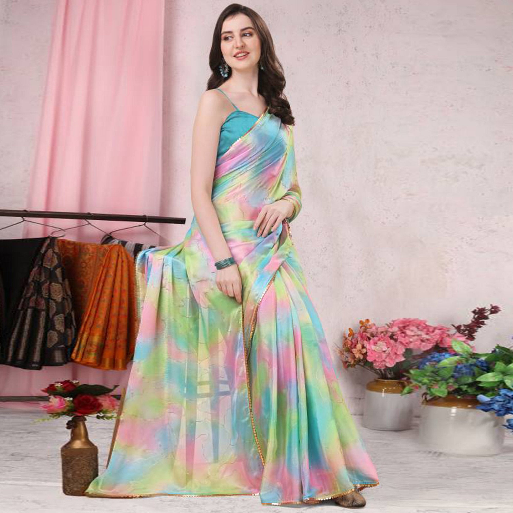 Multicolor Foil Printed Chiffon Saree With Fancy Border