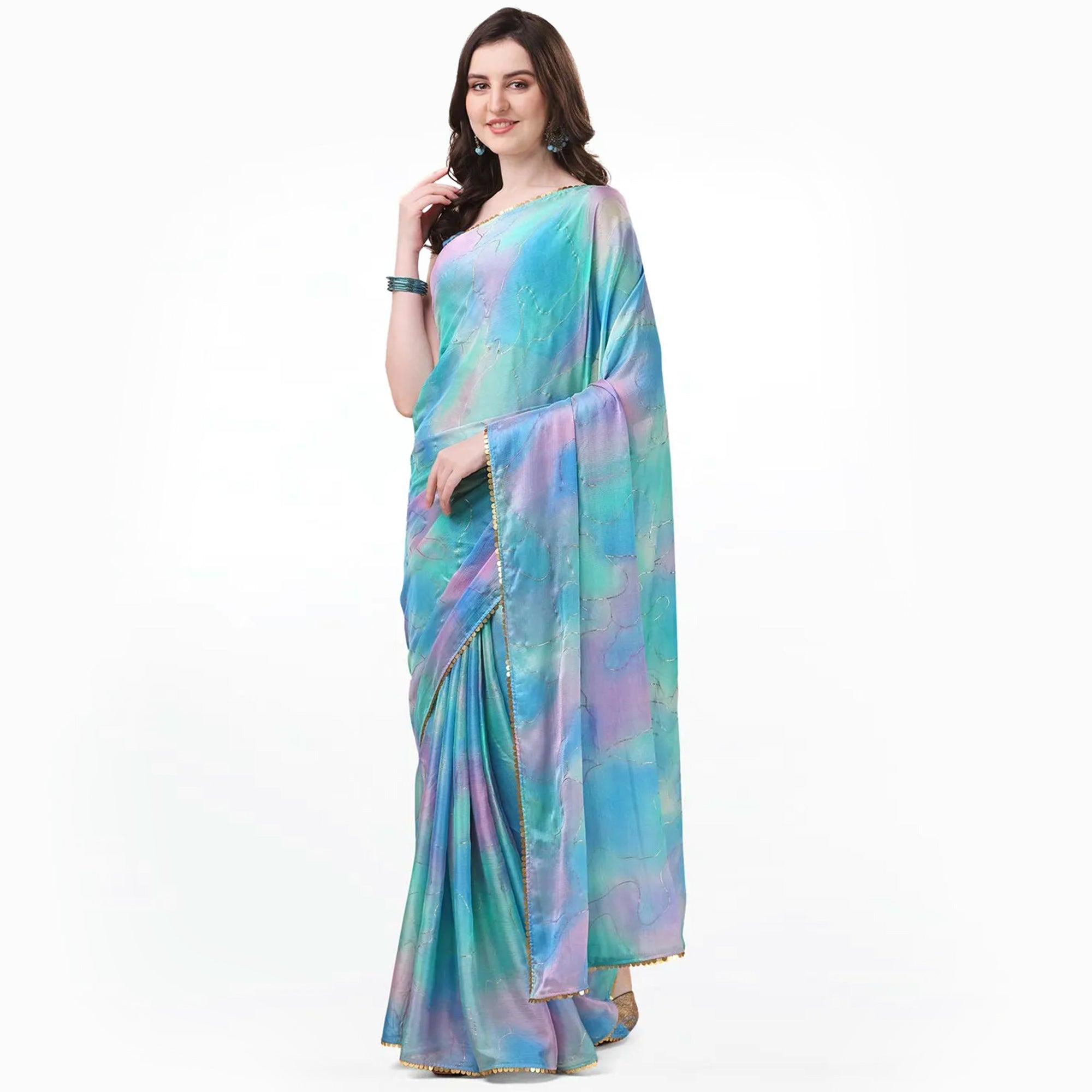 Sky Blue Foil Printed Chiffon Saree With Fancy Border