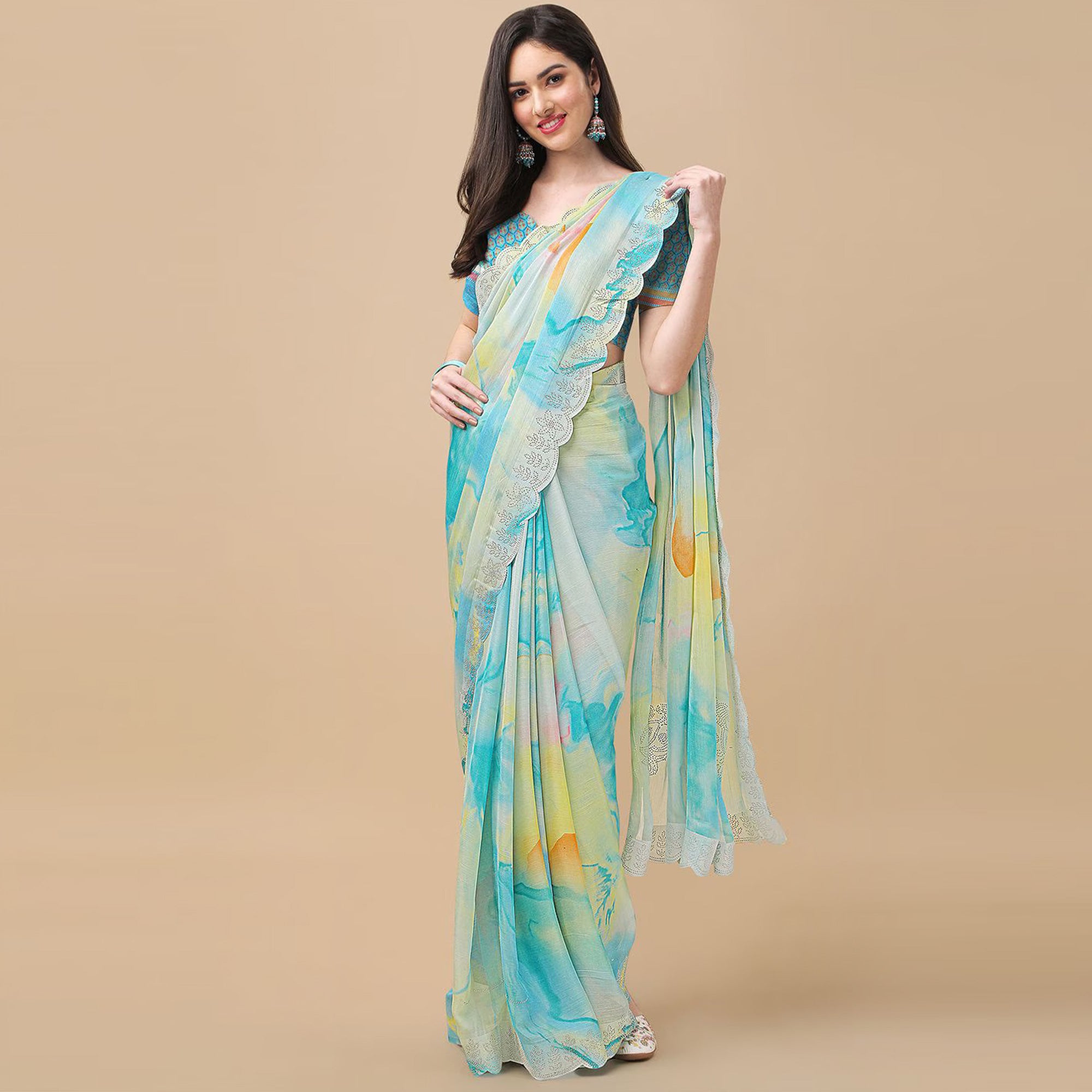 Sky Blue Printed With Swarovski Work Chiffon Saree