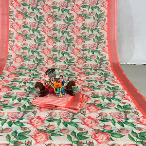 Peach Floral Digital Printed Linen Saree