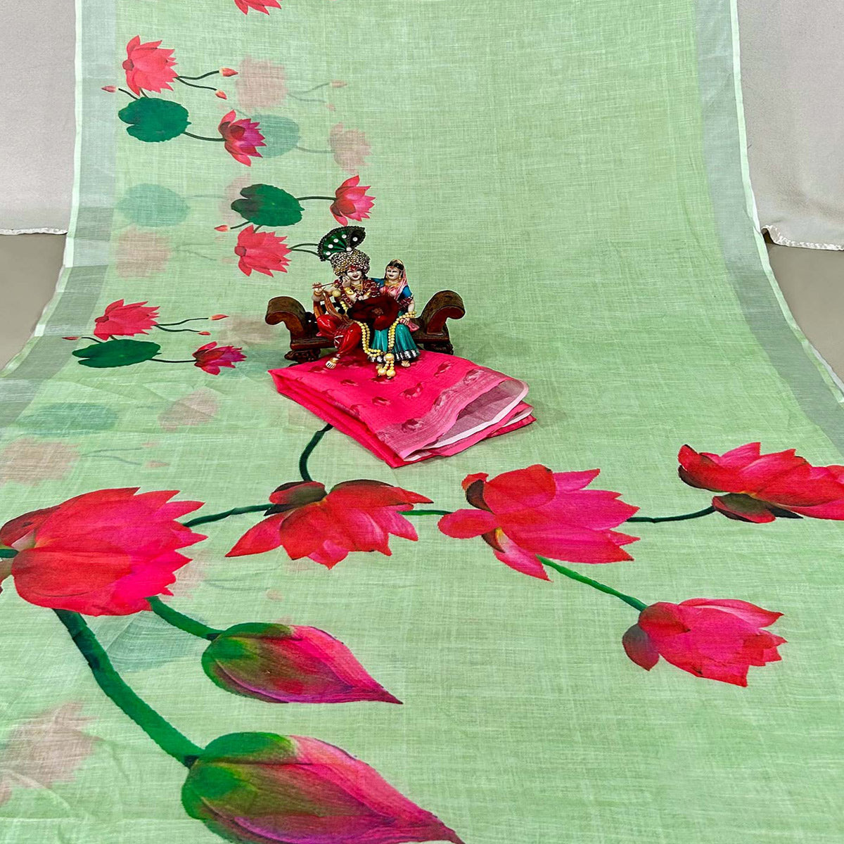 Green Floral Digital Printed Linen Saree