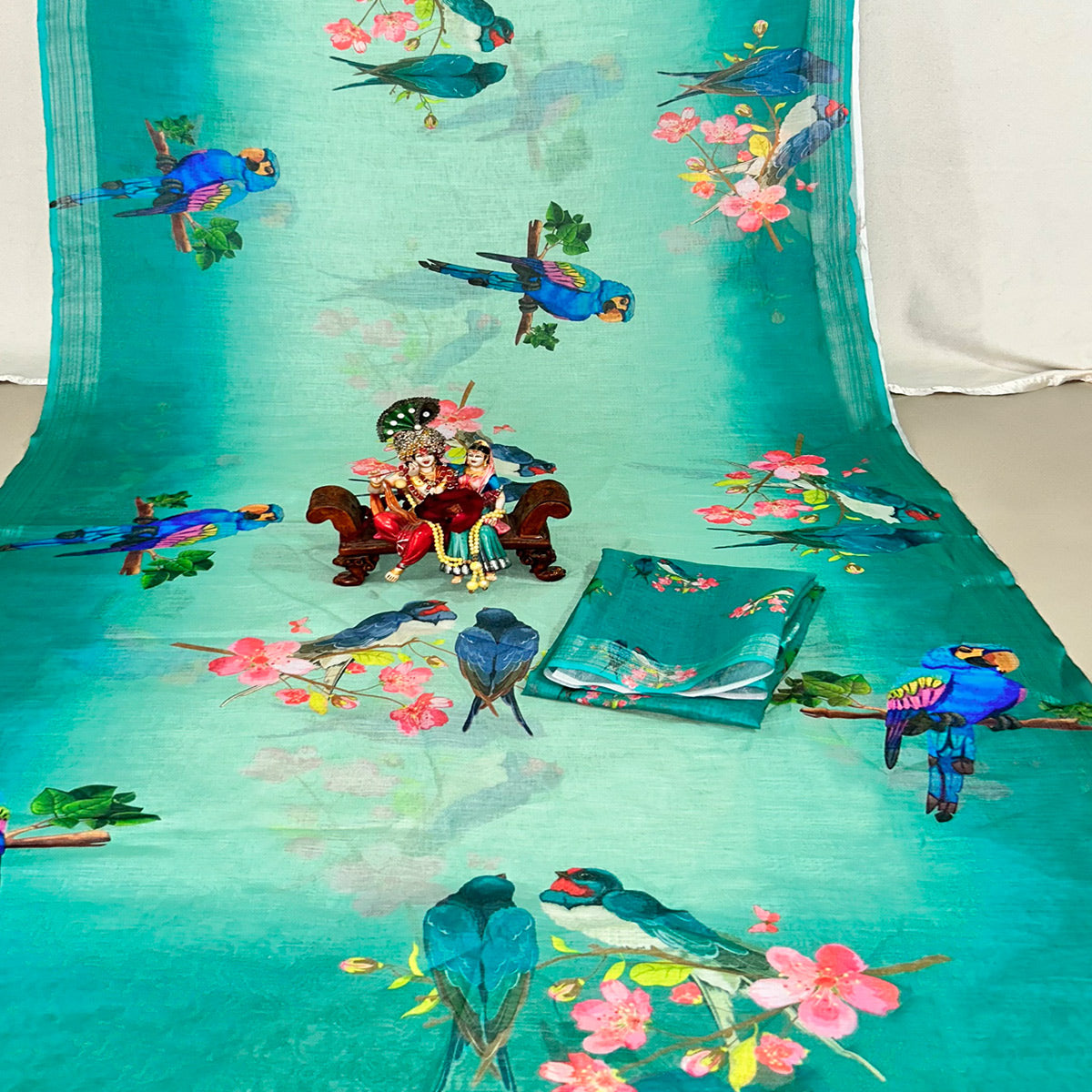 Teal Floral Digital Printed Linen Saree
