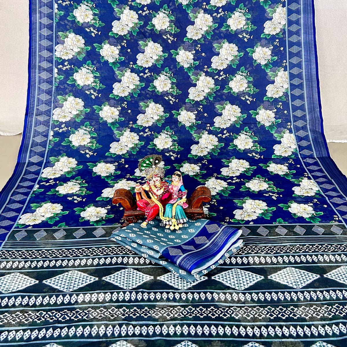 Blue Floral Digital Printed Linen Saree