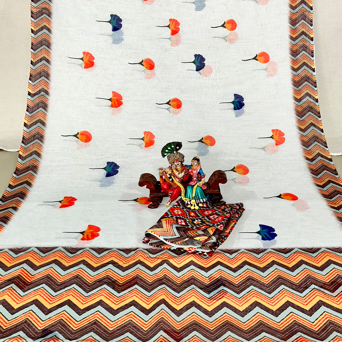 White Floral Digital Printed Linen Saree