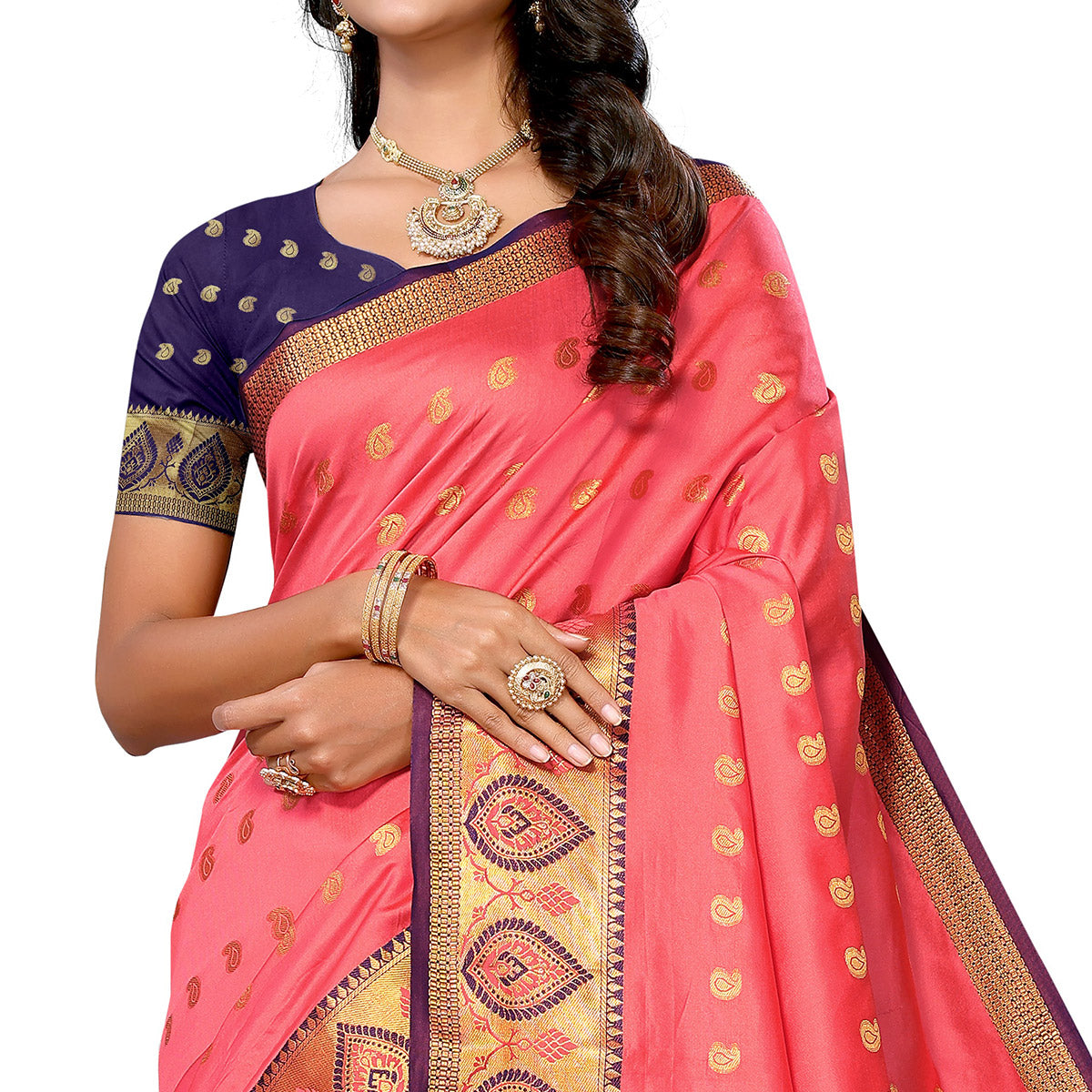 Peach Woven Banarasi Silk Saree