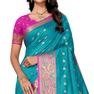 Rama Blue Woven Banarasi Silk Saree