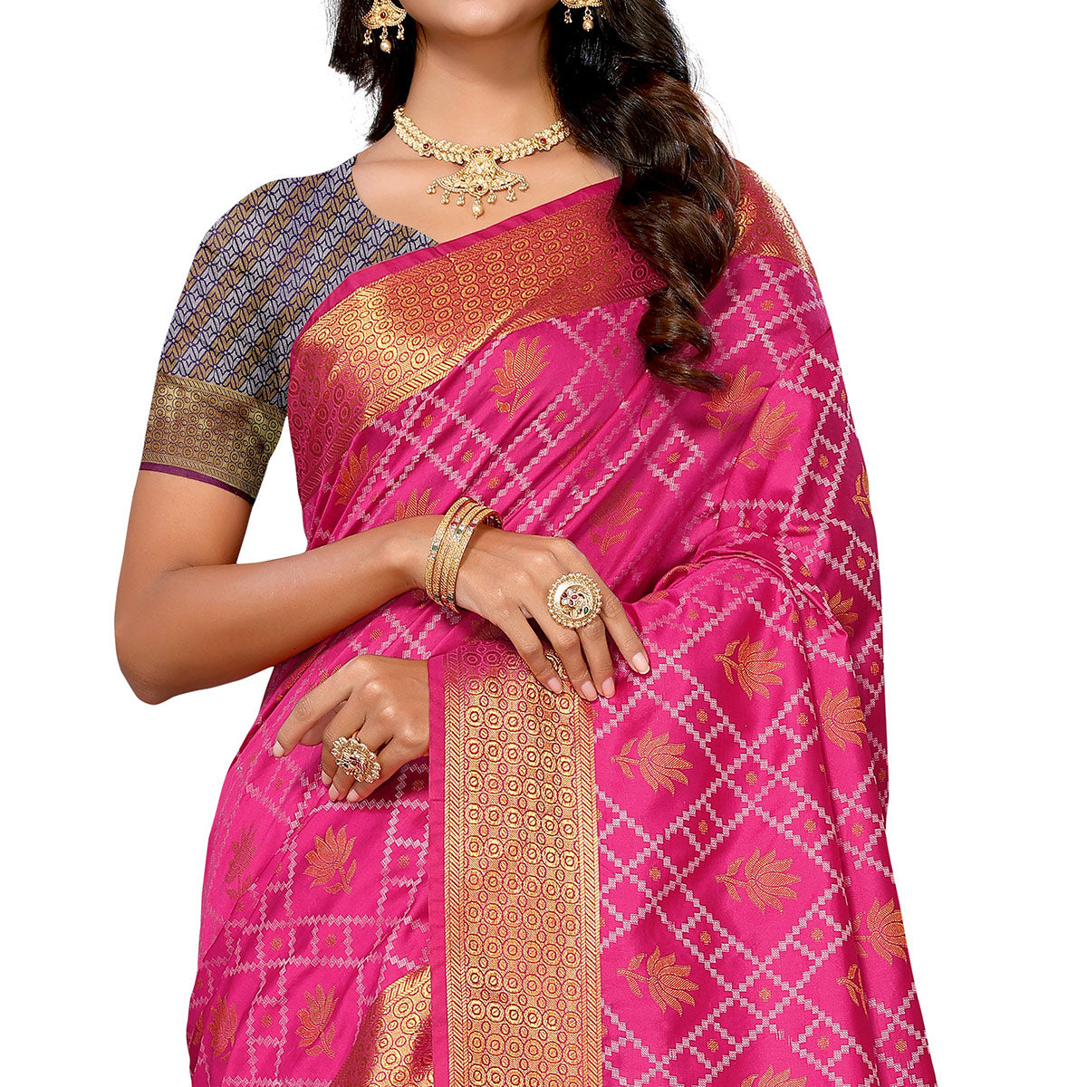 Pink Floral Woven Banarasi Silk Saree