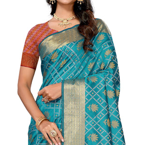 Rama Blue Floral Woven Banarasi Silk Saree