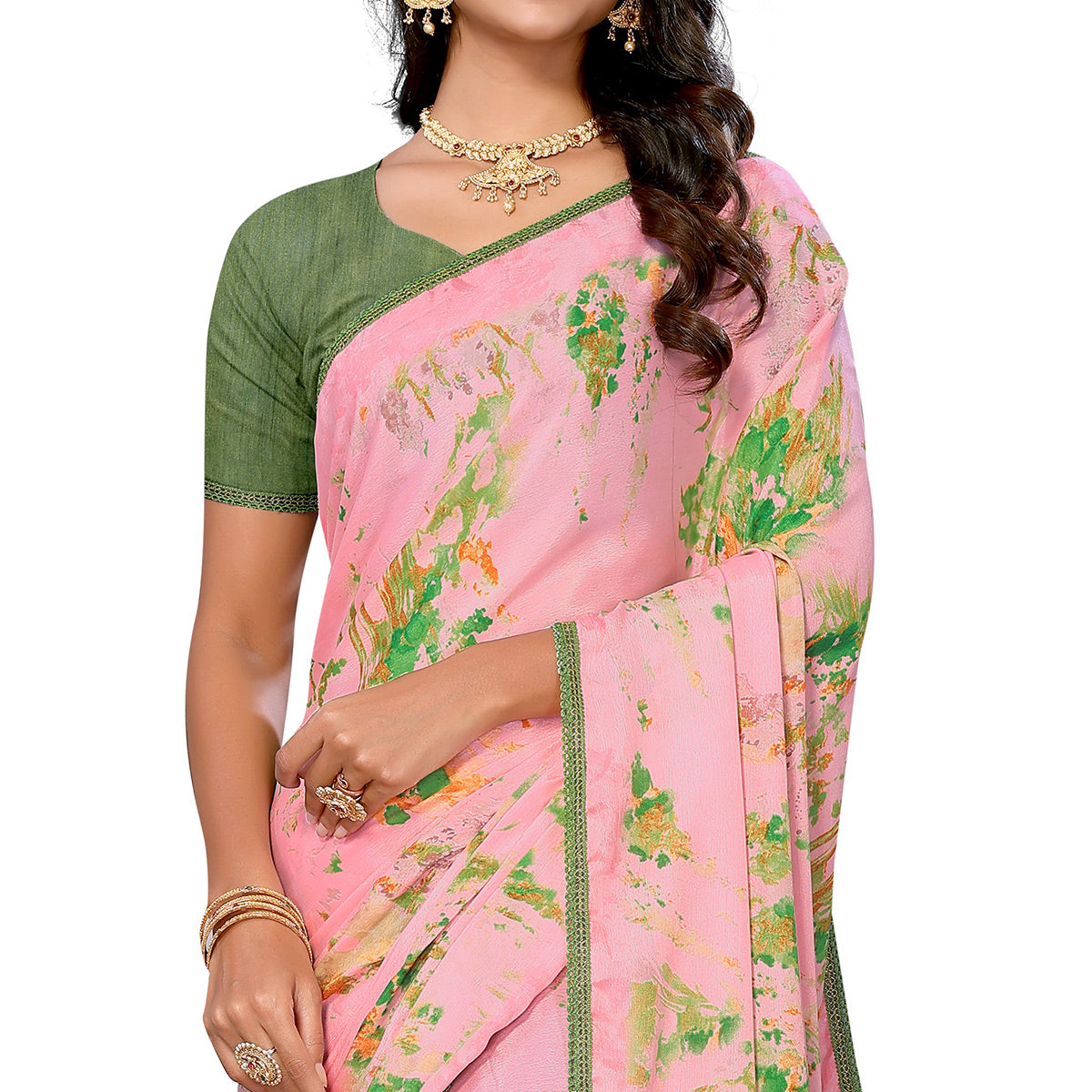 Baby Pink Printed Vichitra Silk Saree