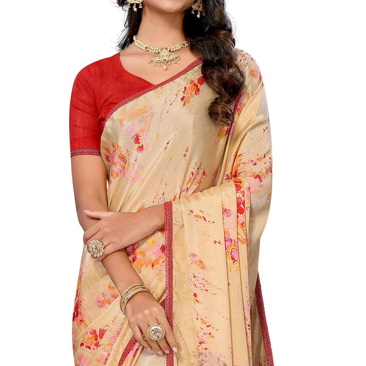 Beige Printed Vichitra Silk Saree