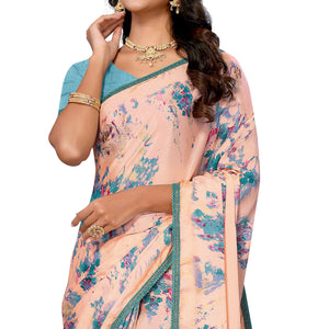 Peach Printed Vichitra Silk Saree