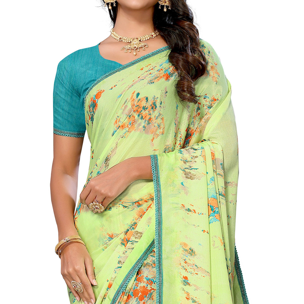 Parrot Green Printed Vichitra Silk Saree